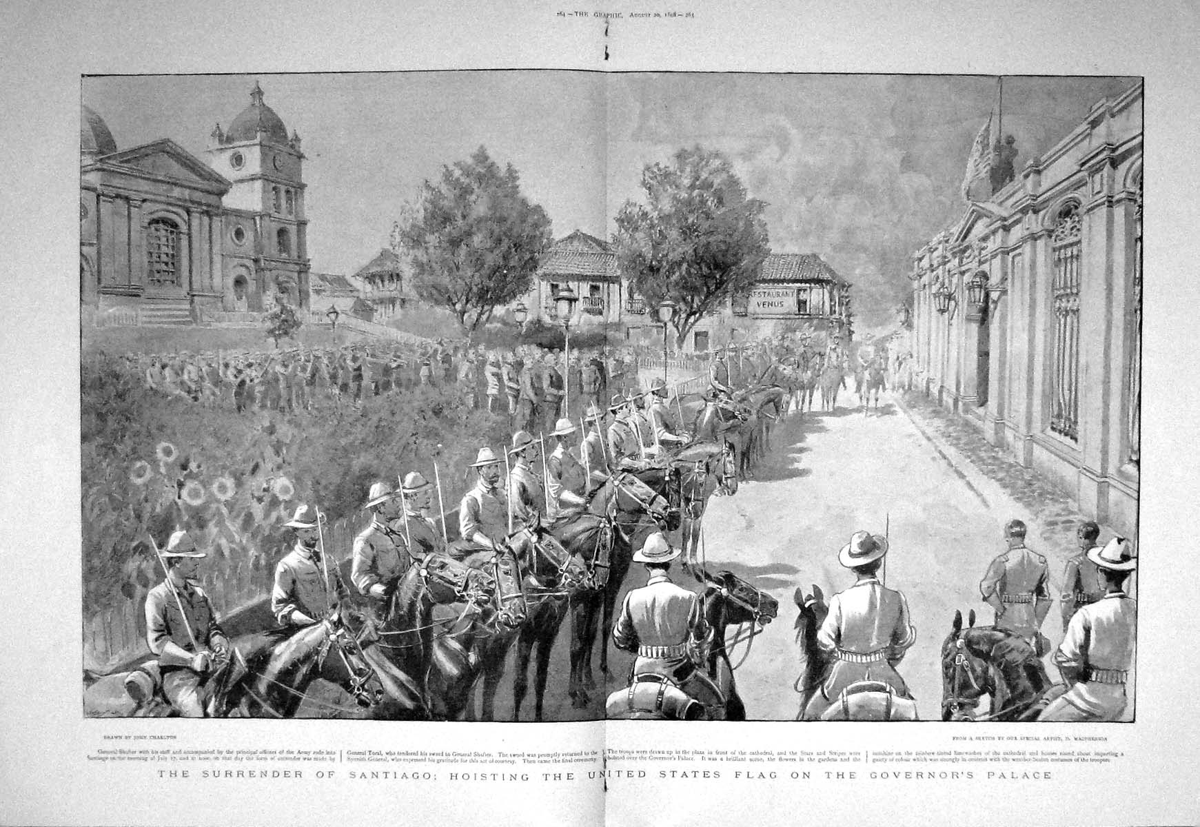Old Antique Print 1898 Surrender Santiago America Flag Governor Palace 19th
