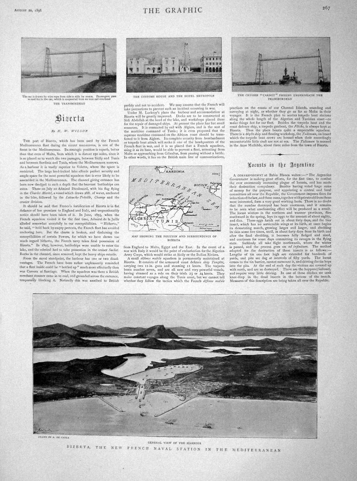 Original Old Antique Print 1898 Bizerta French Navy Harbour Carnot Ship Naples