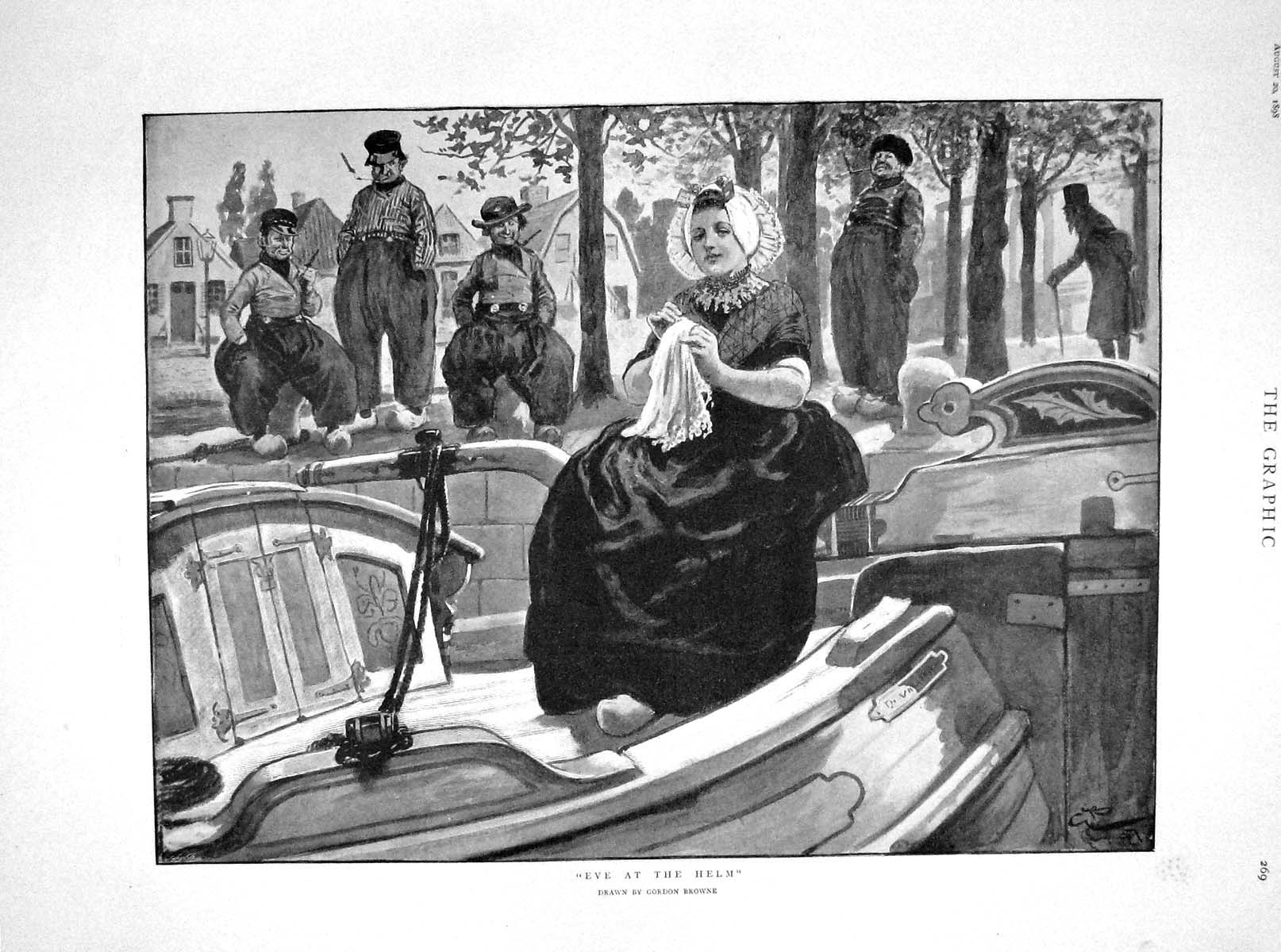 Original Old Antique Print 1898 Eve Lady Helm Boat Mahmoud Khalifa General Man