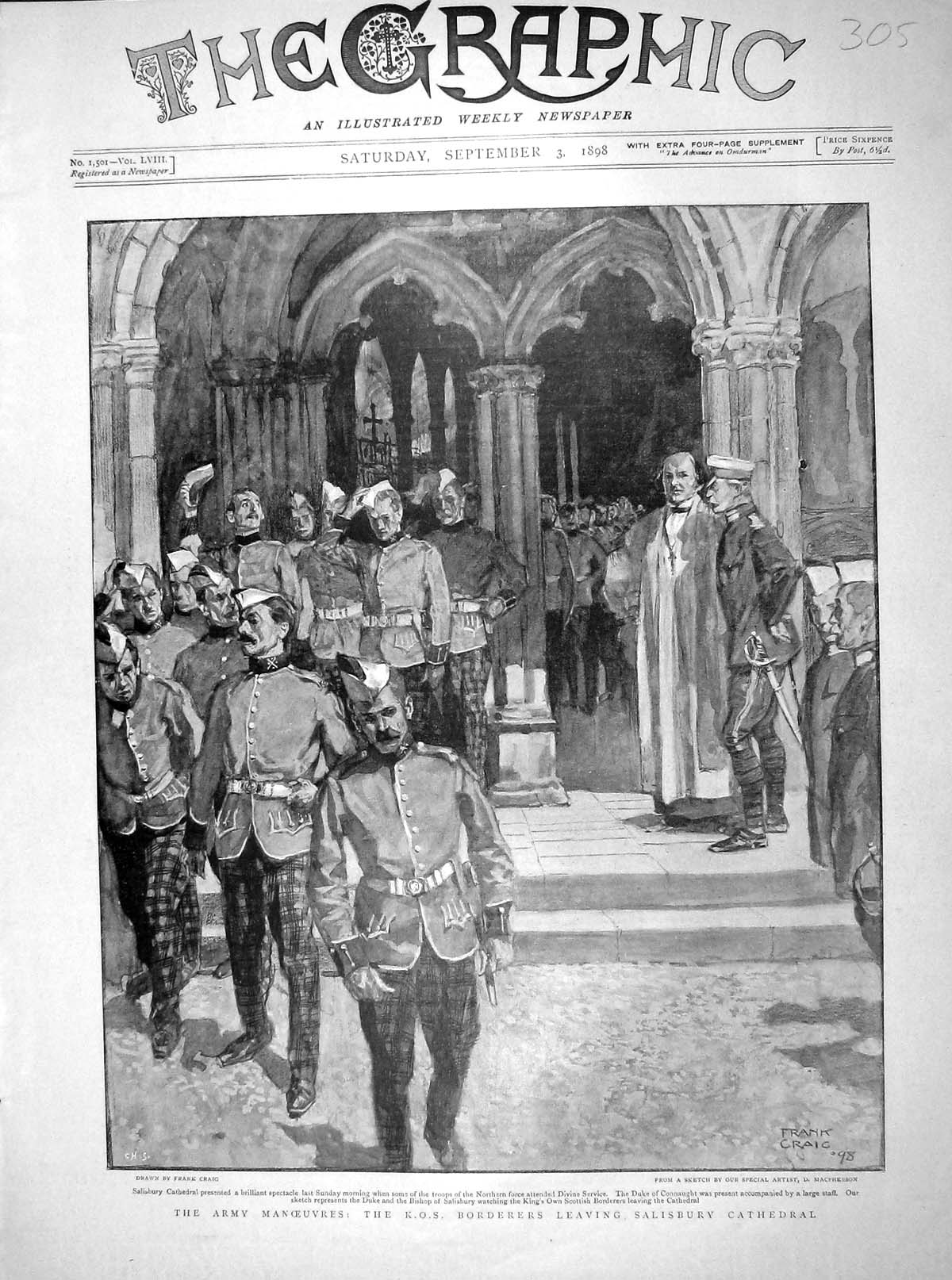 Old Antique Print 1898 K.O.S. Borderer Salisbury Cathedral Duke Connaught 19th