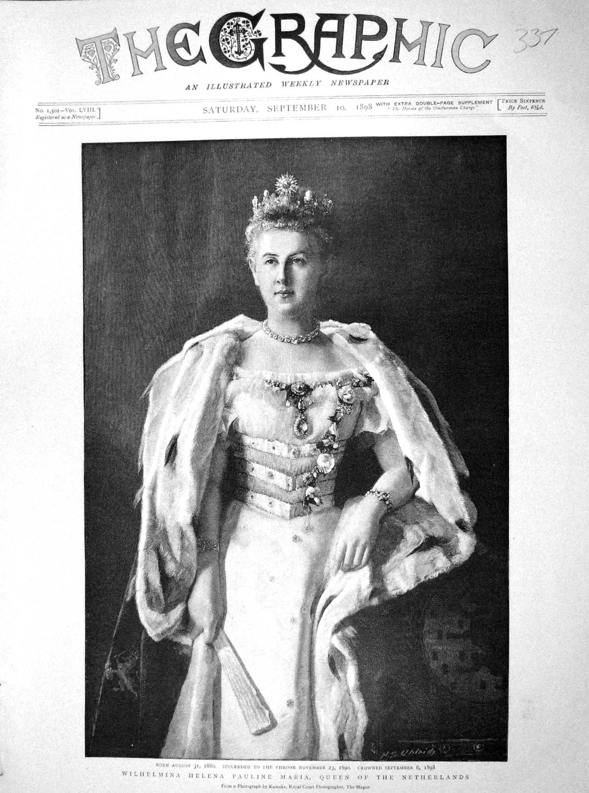 Old Antique Print 1898 Queen Wilhelmina Helena Pauline Maria Netherlands 19th