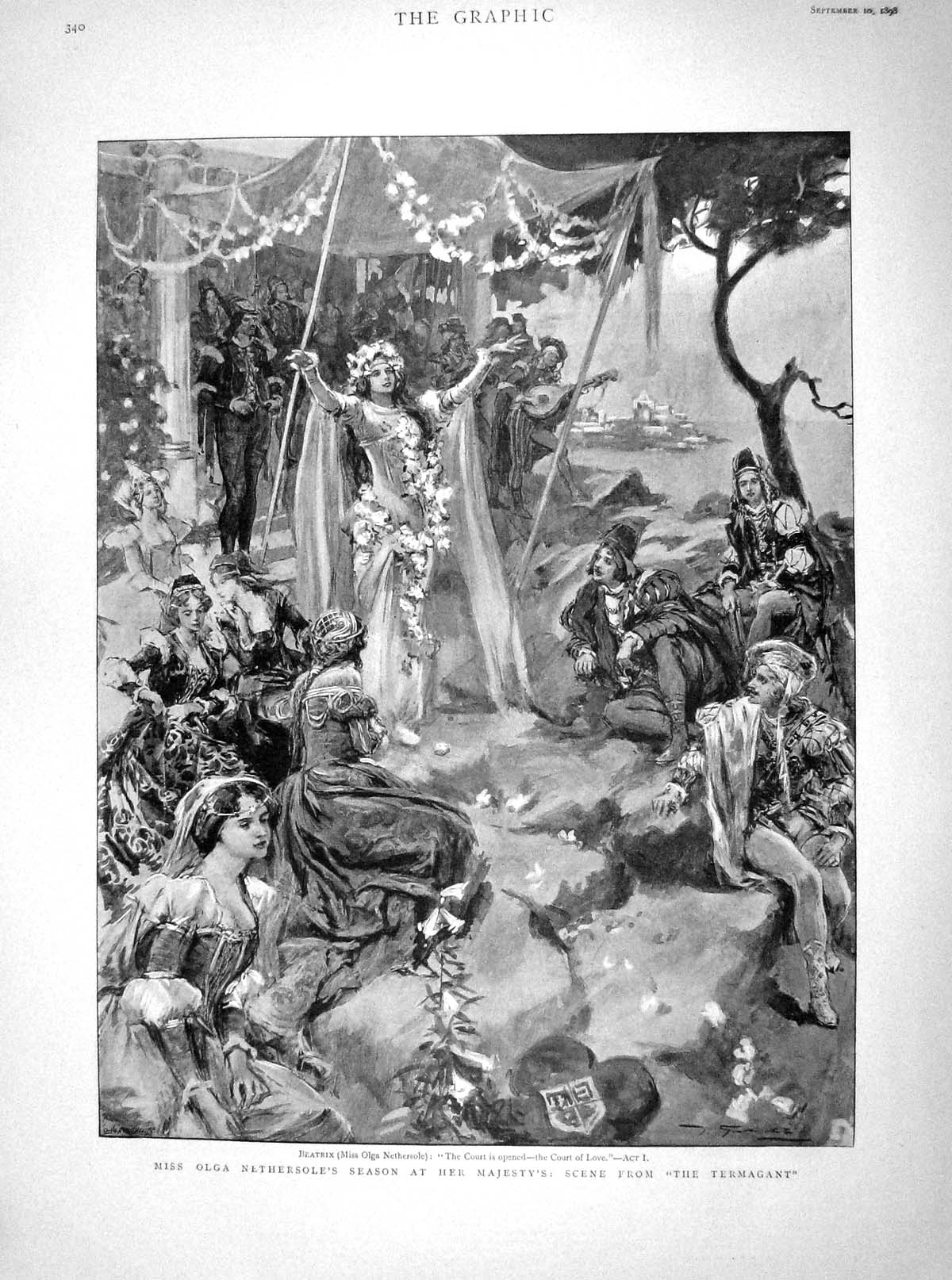 Original Old Antique Print 1898 Olga Nethersole Majesty Theatre Termagant Scene
