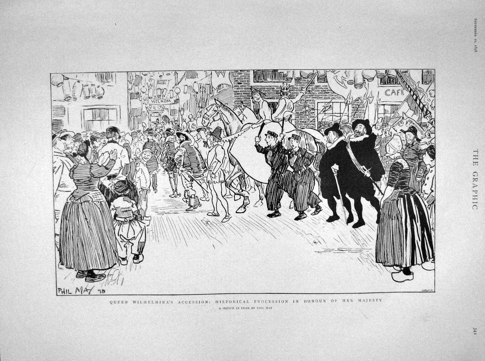 Old Antique Print 1898 Queen Wilhelmina Accession Caldecott Hope Howard 19th