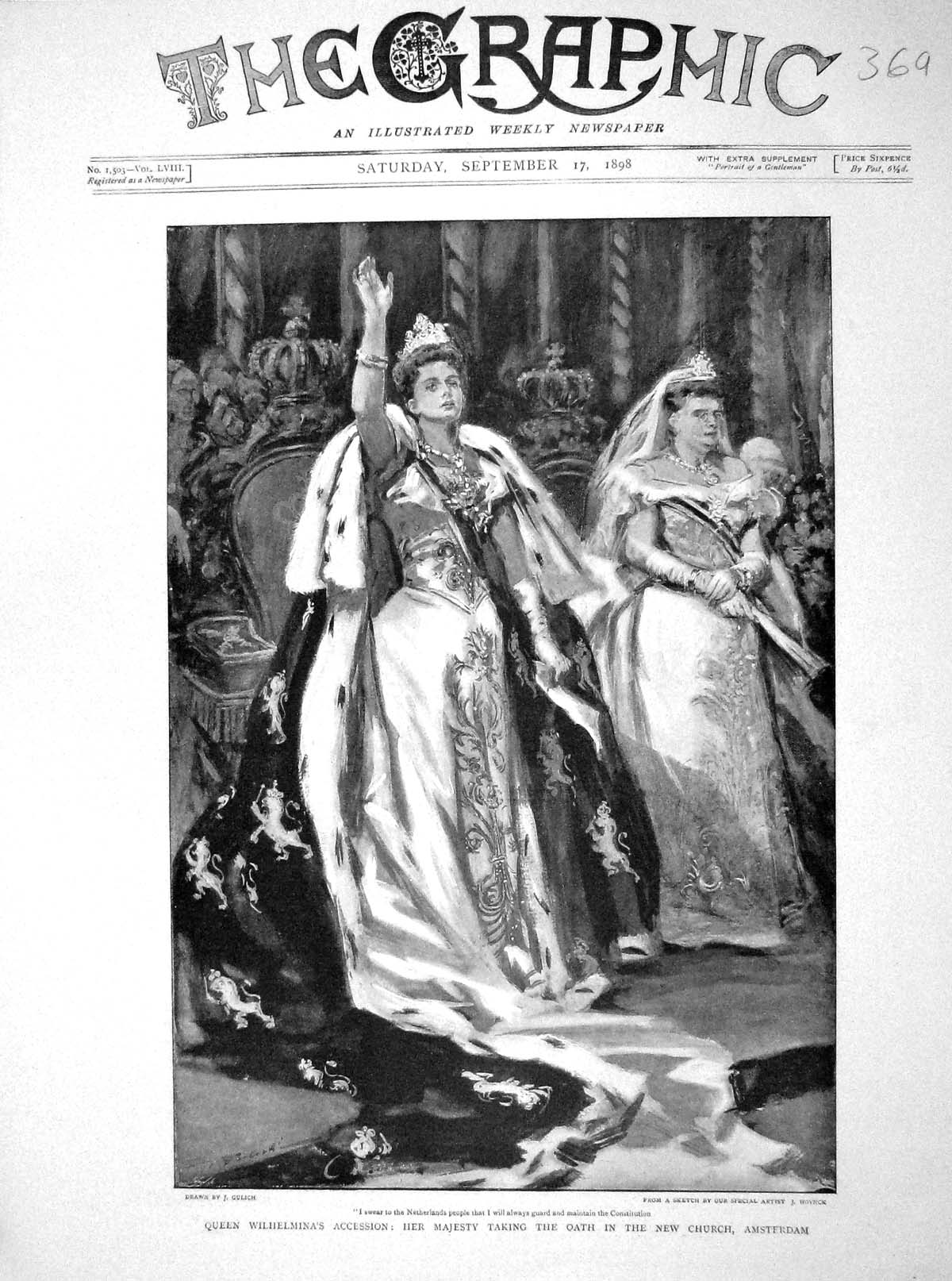 Old Antique Print 1898 Queen Wilhelmina Accession Oath Church Amsterdam 19th
