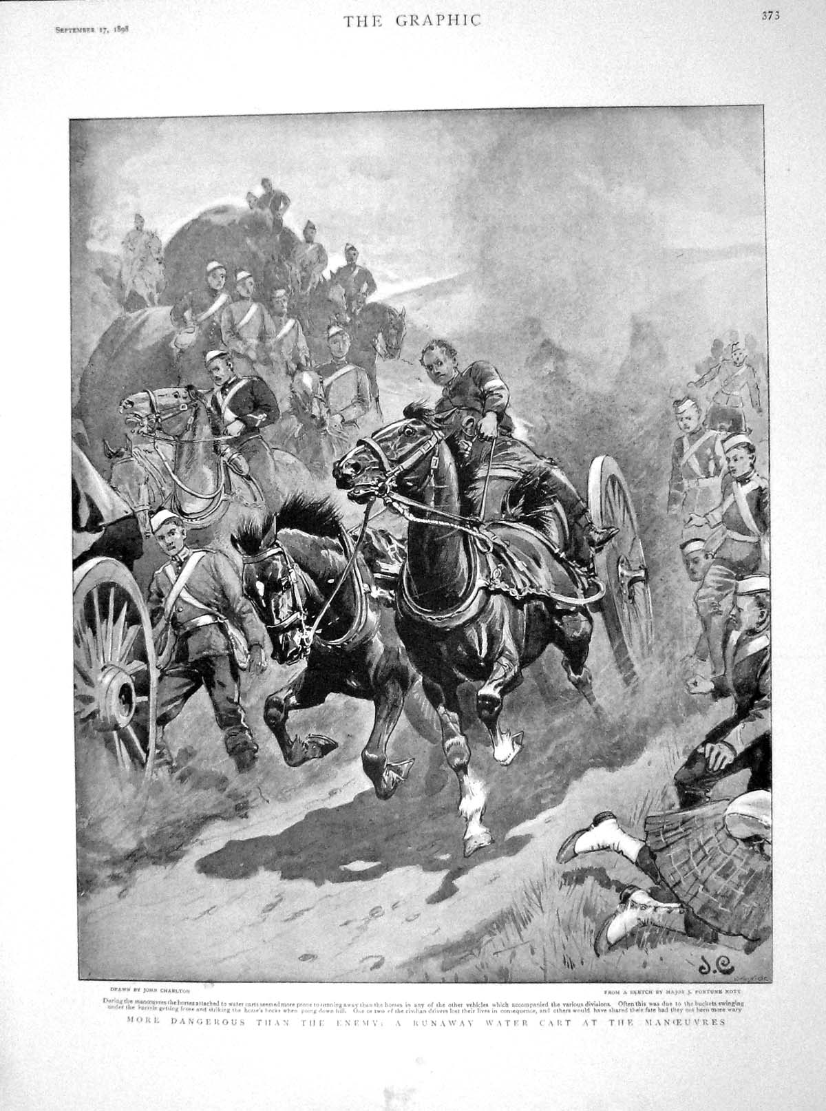 Old Antique Print 1898 Water Cart Horses War Queen Braemar Hotel Geneva 19th