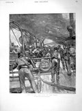 Old Antique Print 1898 Fire Sea Ship Lifeboats Queen Wilhelmina Amsterdam 19th