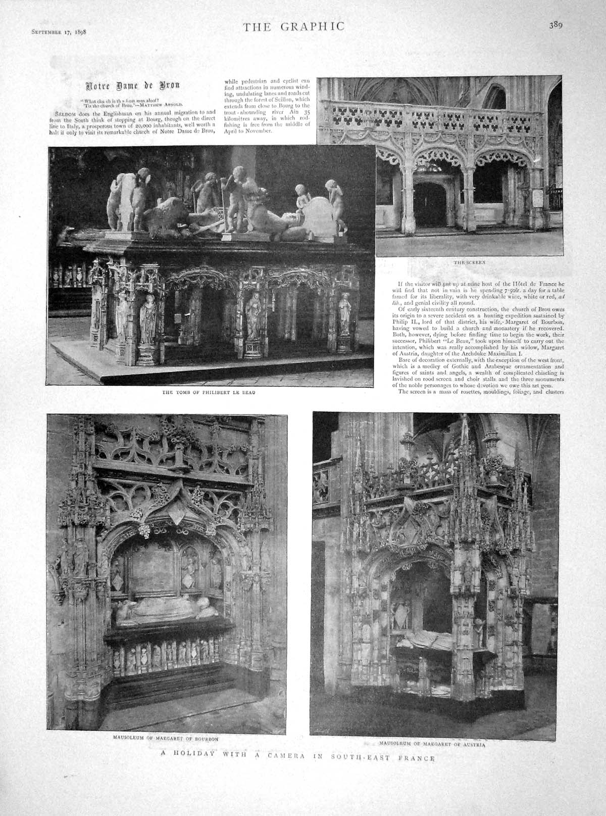 Original Old Antique Print 1898 France Tomb Philibert Mausoleum Auror Borealis