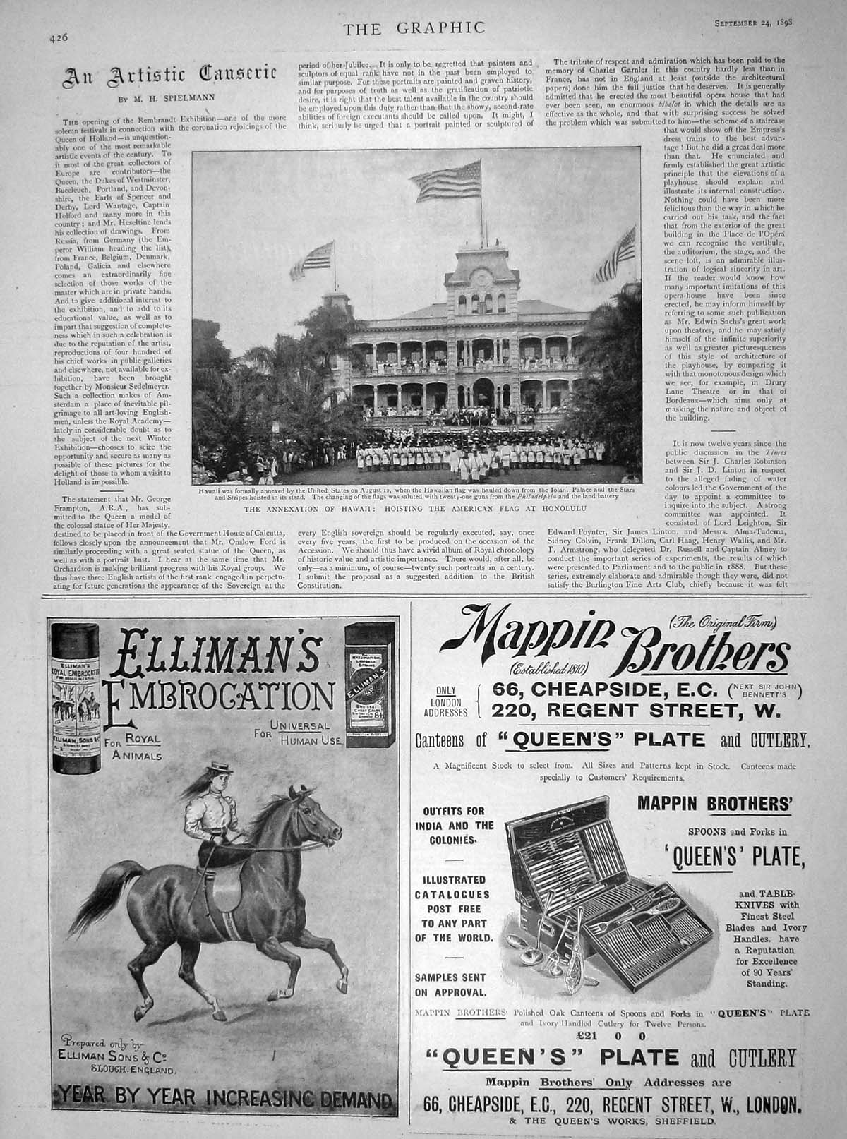 Original Old Antique Print 1898 Annexation Hawaii American Flag Honolulu Mappin