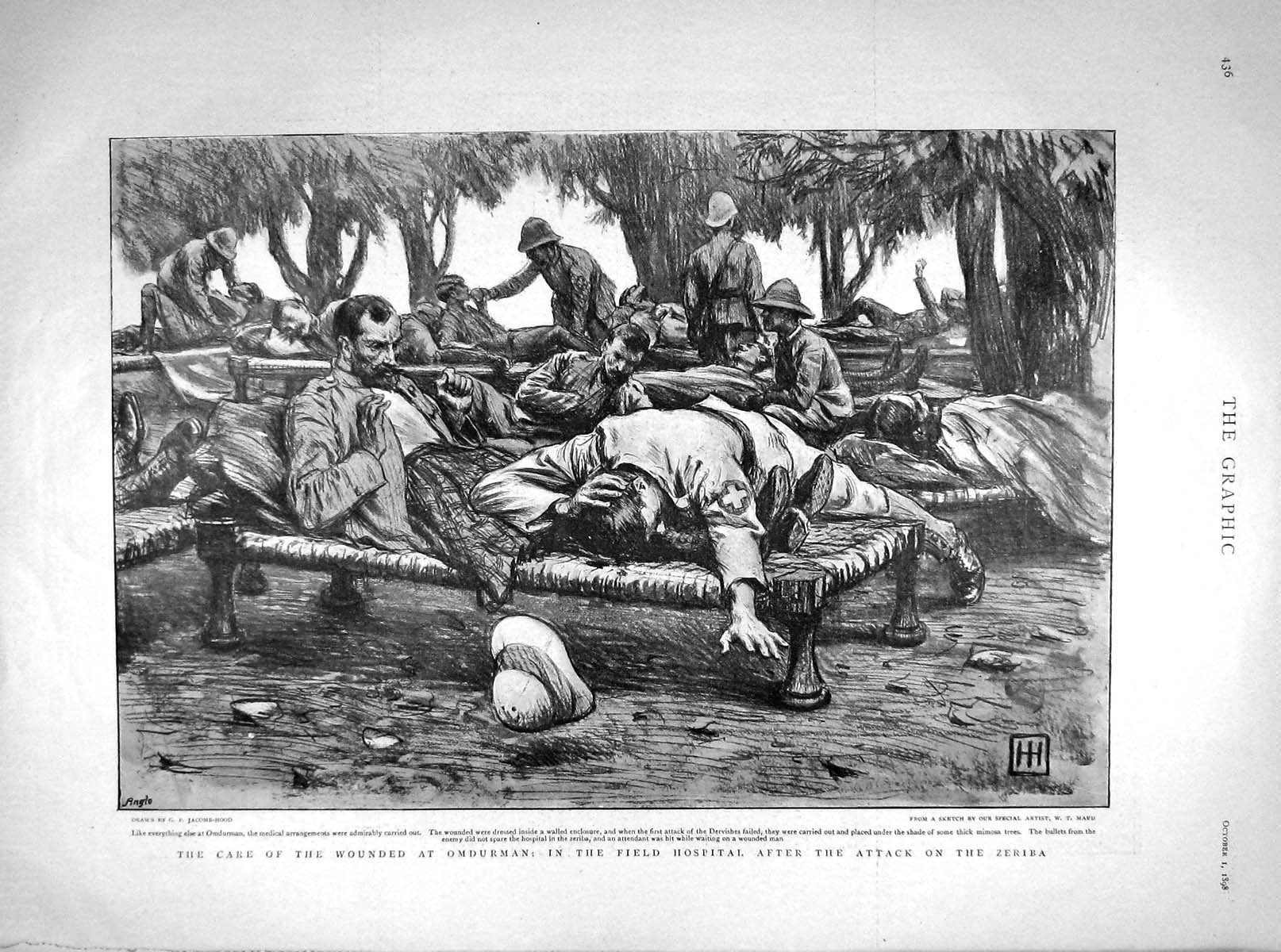Original Old Antique Print 1898 Wounded Siers Omdurman Field Hospital Zeriba