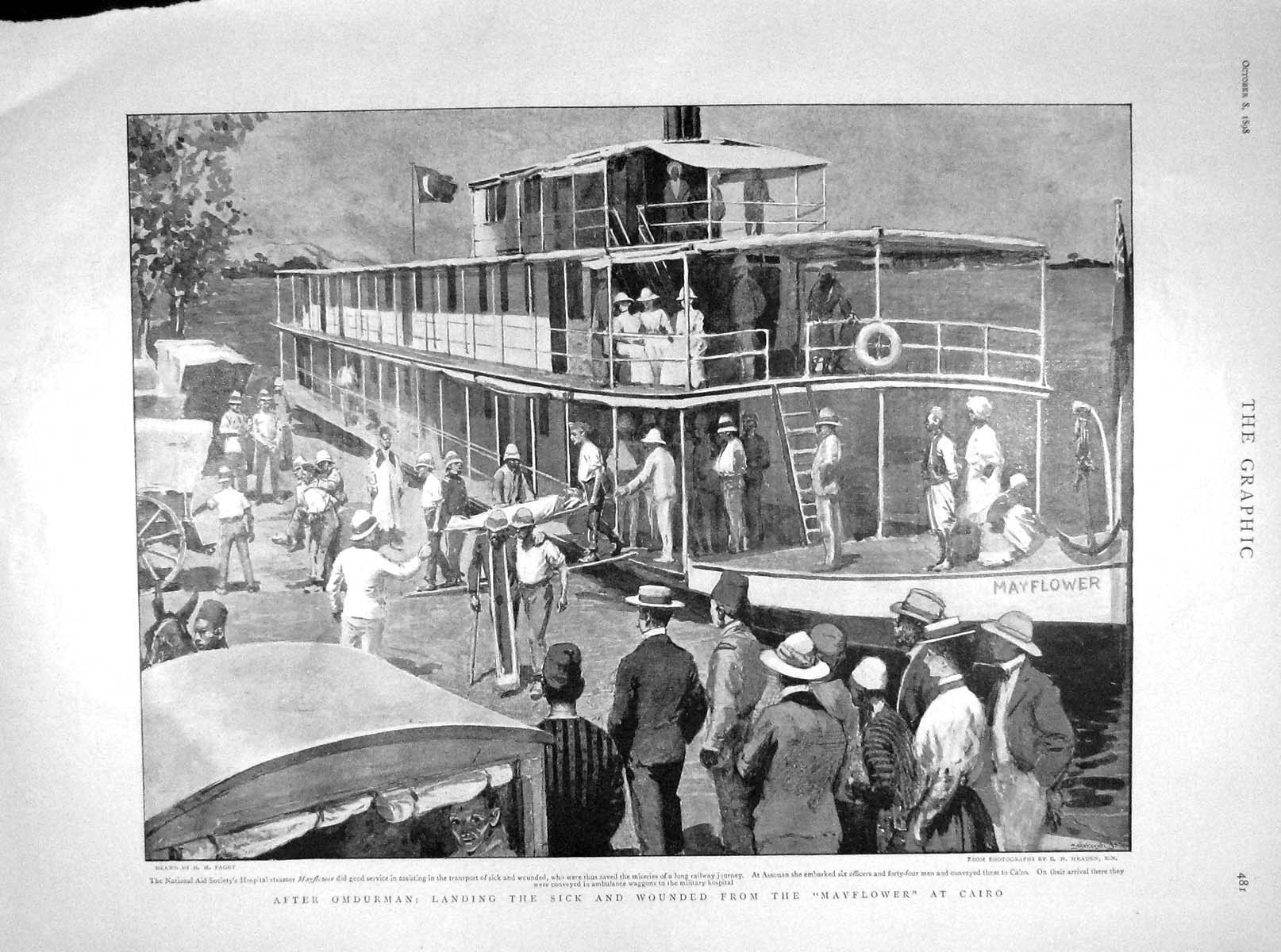 Old Antique Print 1898 Omdurman Sick Hospital Mayflower Boat Cairo Egypt 19th