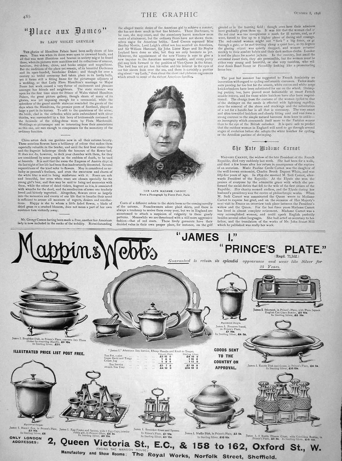Original Old Antique Print 1898 Madame Marie Pauline Cecile Carnot Mappin Webb