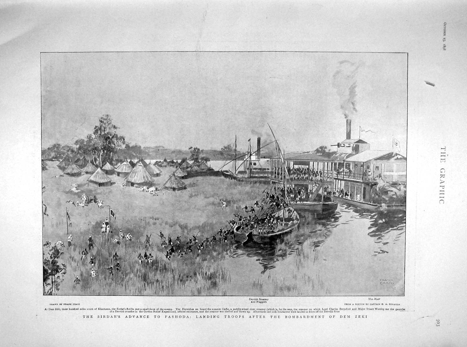 Original Old Antique Print 1898 Sirdar Fashoda Dem Zeki Steamer Duke Connaught