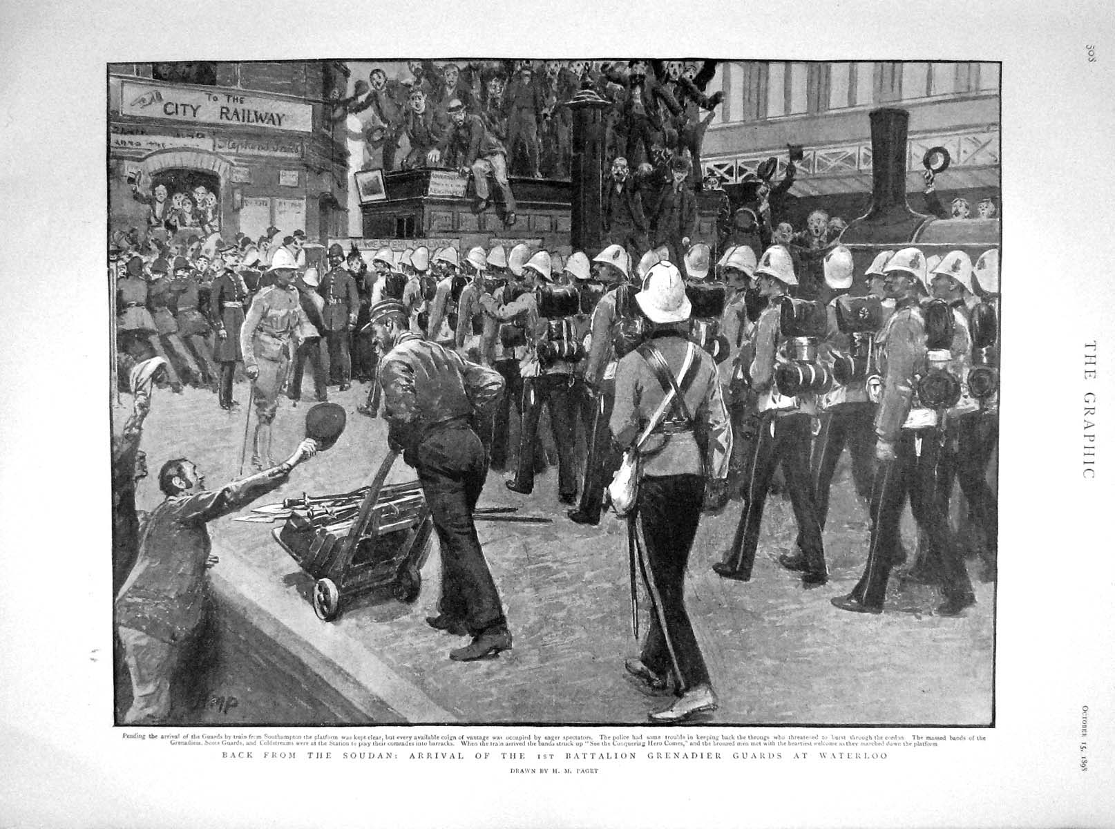 Original Old Antique Print 1898 War Soudan Battalion Grenadier Guards Waterloo