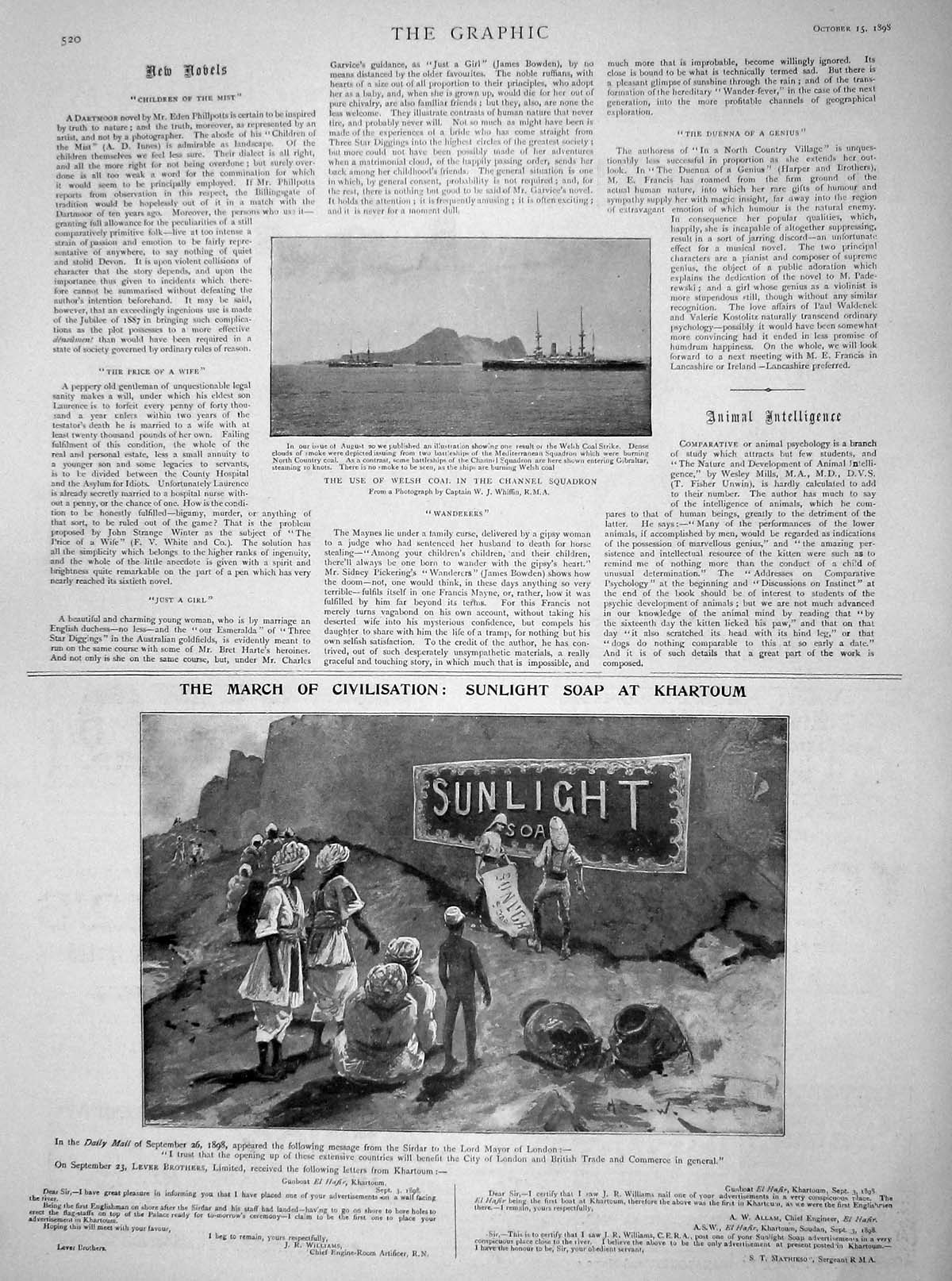 Original Old Antique Print 1898 Welsh Coal Channel Ships Sunlight Soap Khartoum
