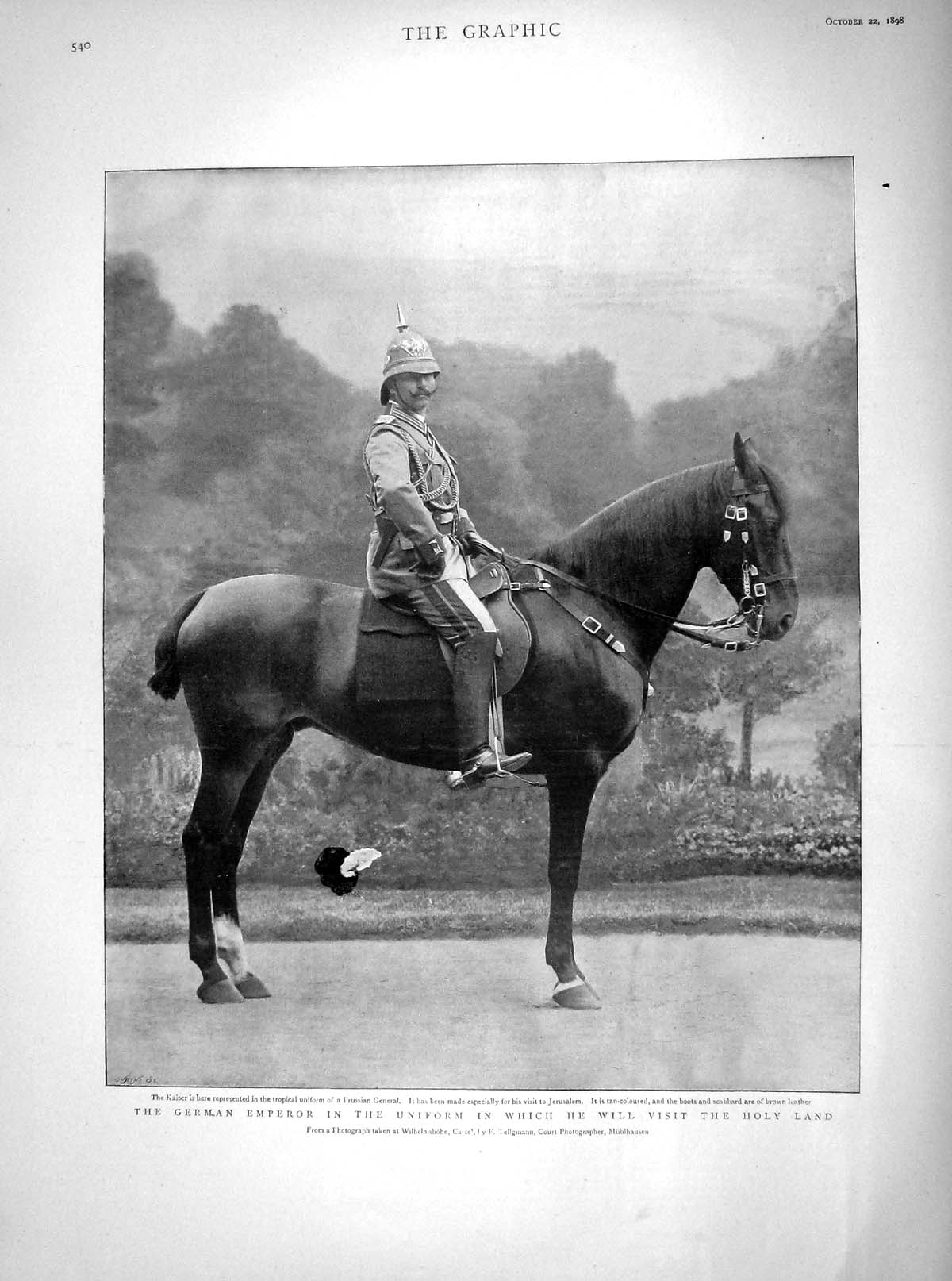 Original Old Antique Print 1898 German Emperor Kaiser Horse Holy Land Jerusalem