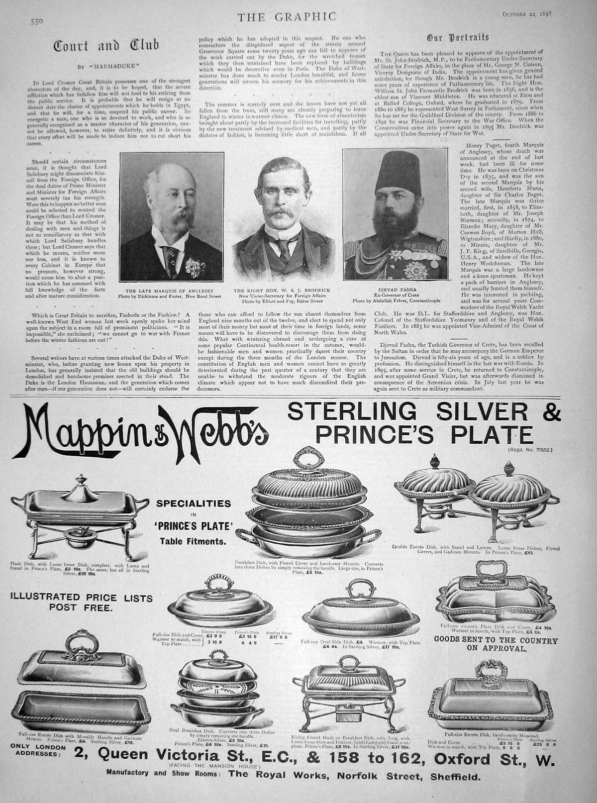 Old Antique Print 1898 Marquis Anglesey Brodrick Djevad Pasha Mappin Webb 19th
