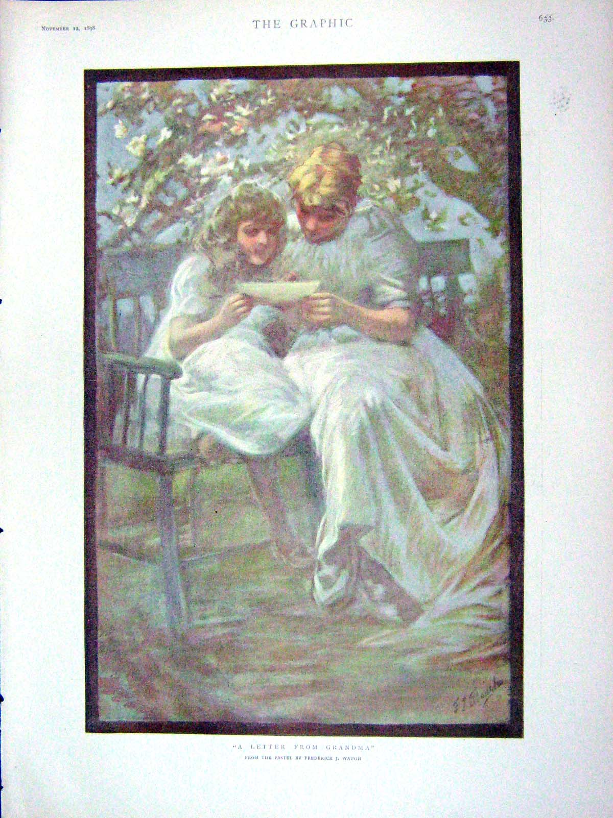 Old Antique Print 1898 Children Letter Gramdma Portrait Girls Head Bonnet 19th