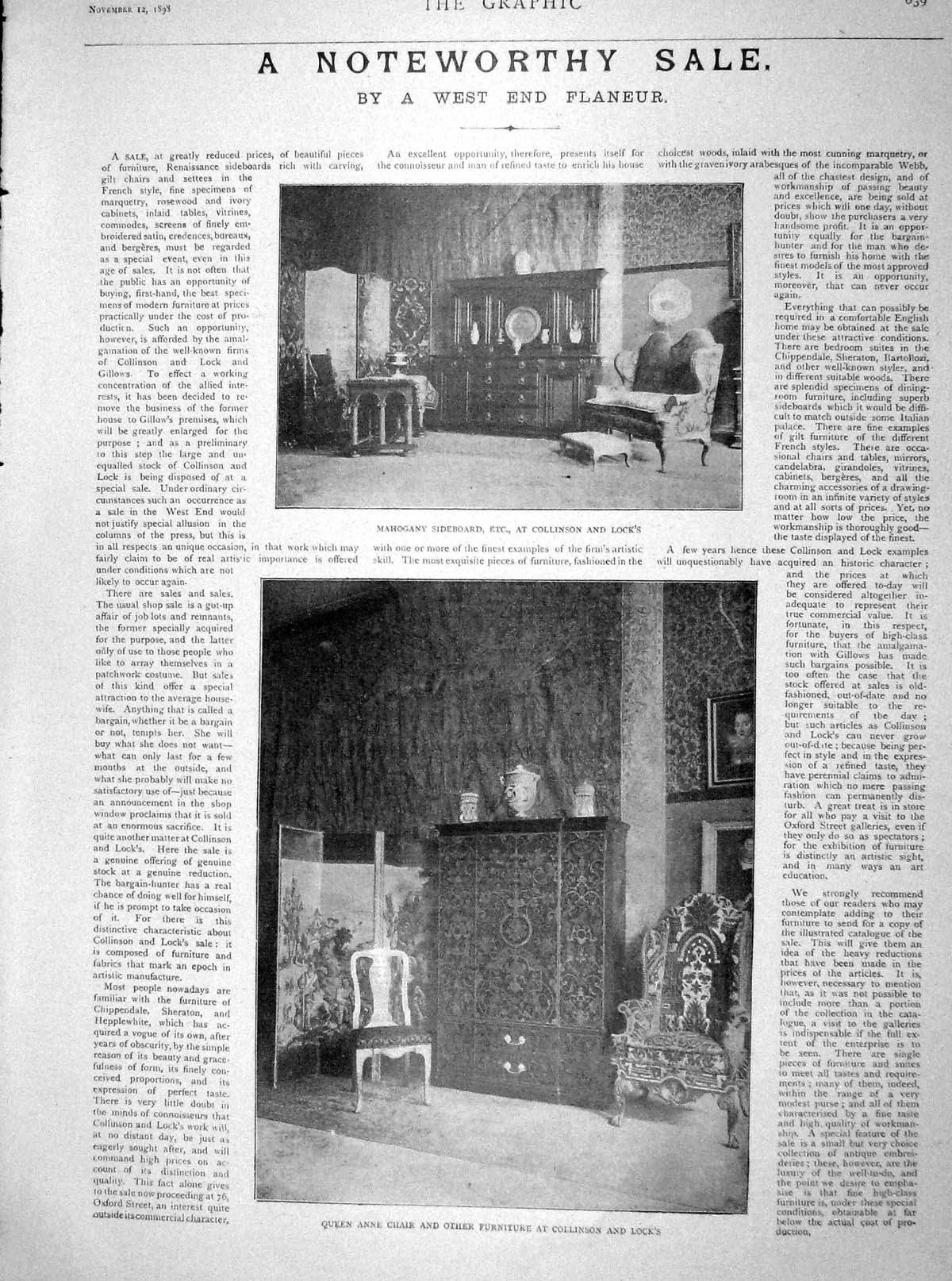 Old Antique Print 1898 Mahogany Sideboard Collinson Lock Queen Anne Chair 19th
