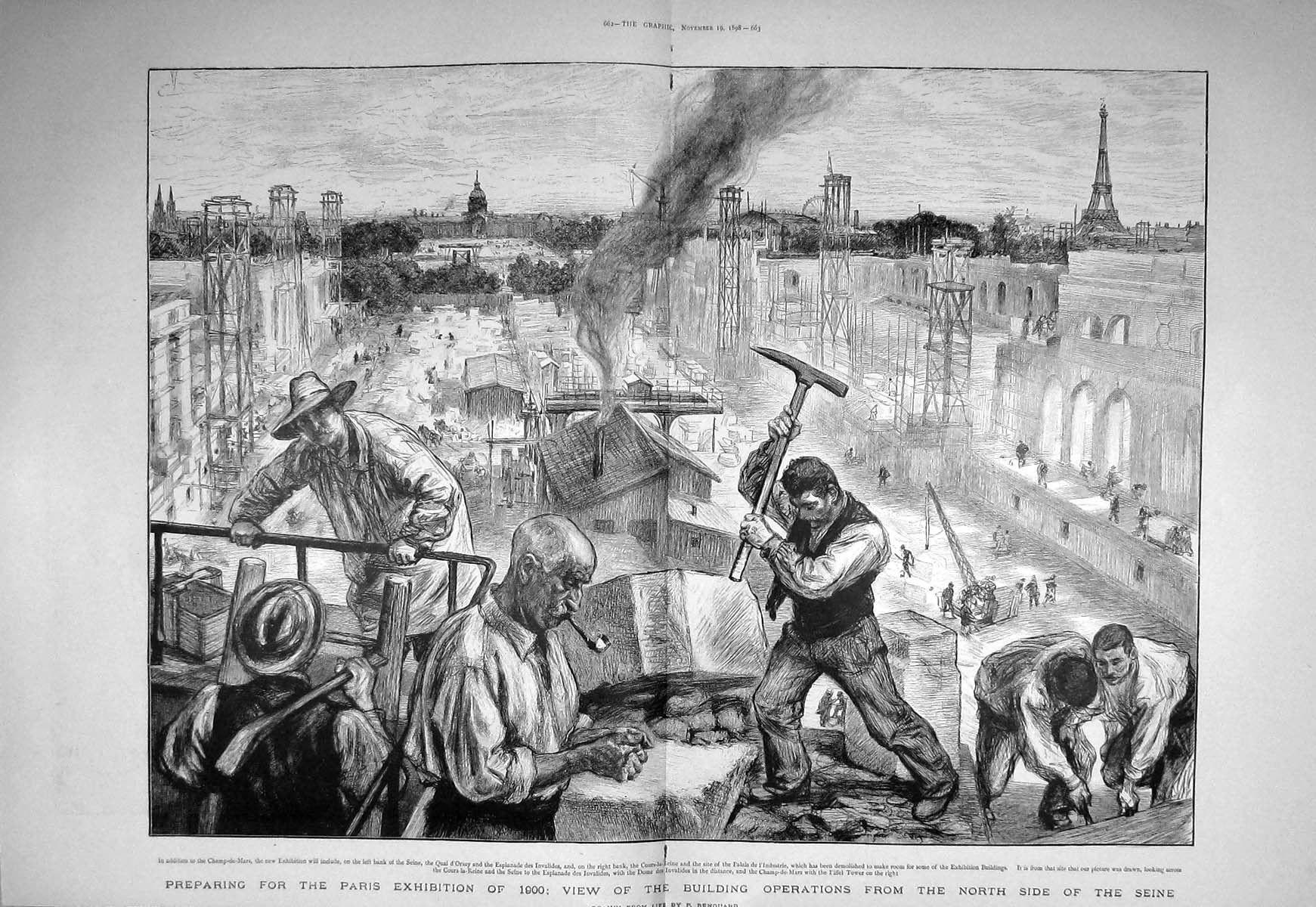 Old Antique Print 1898 Building Operations Paris Exhibition Seine France 19th