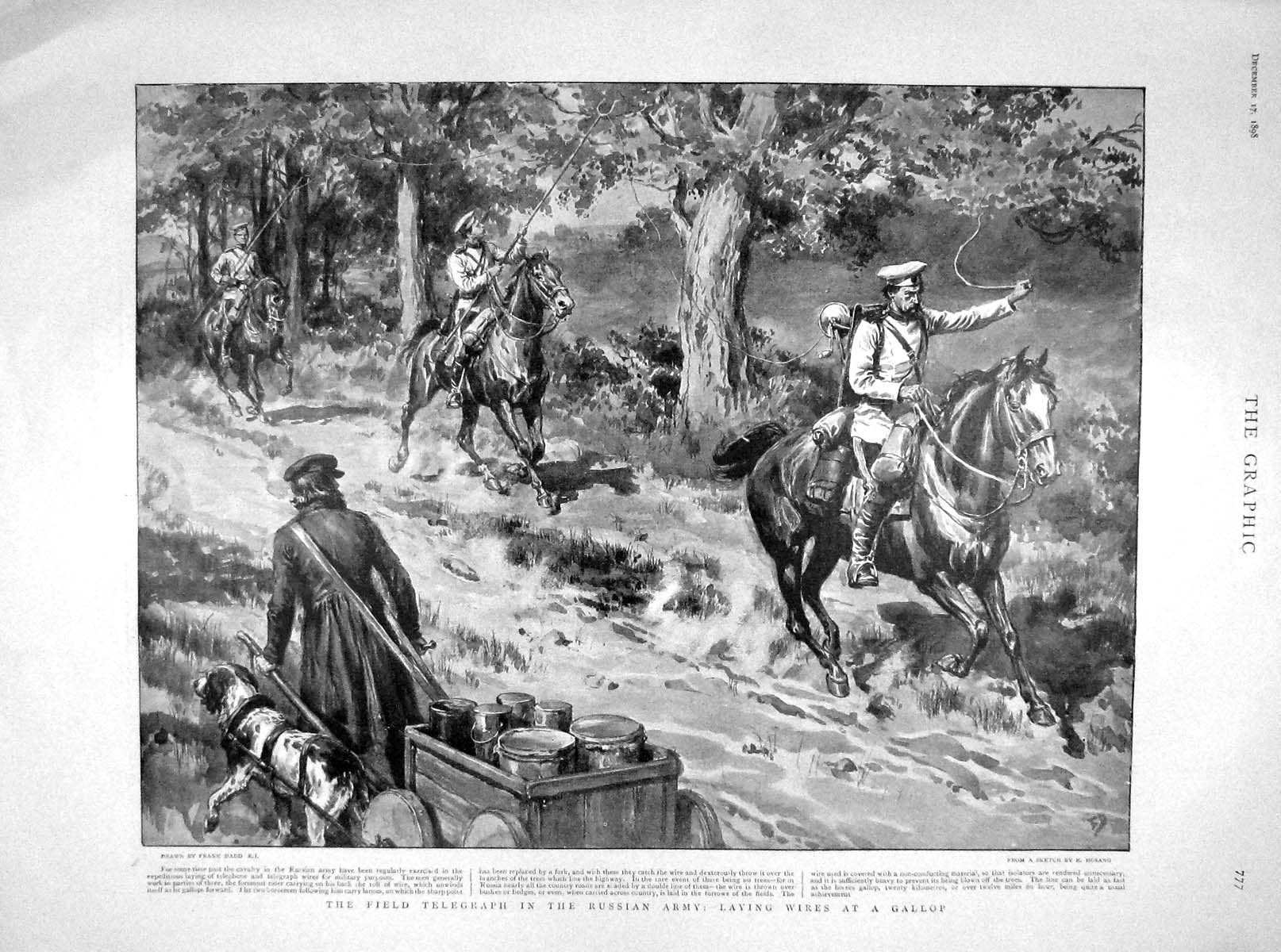 Original Old Antique Print 1898 Field Telegraph Russian Army Barnum Bailey Show