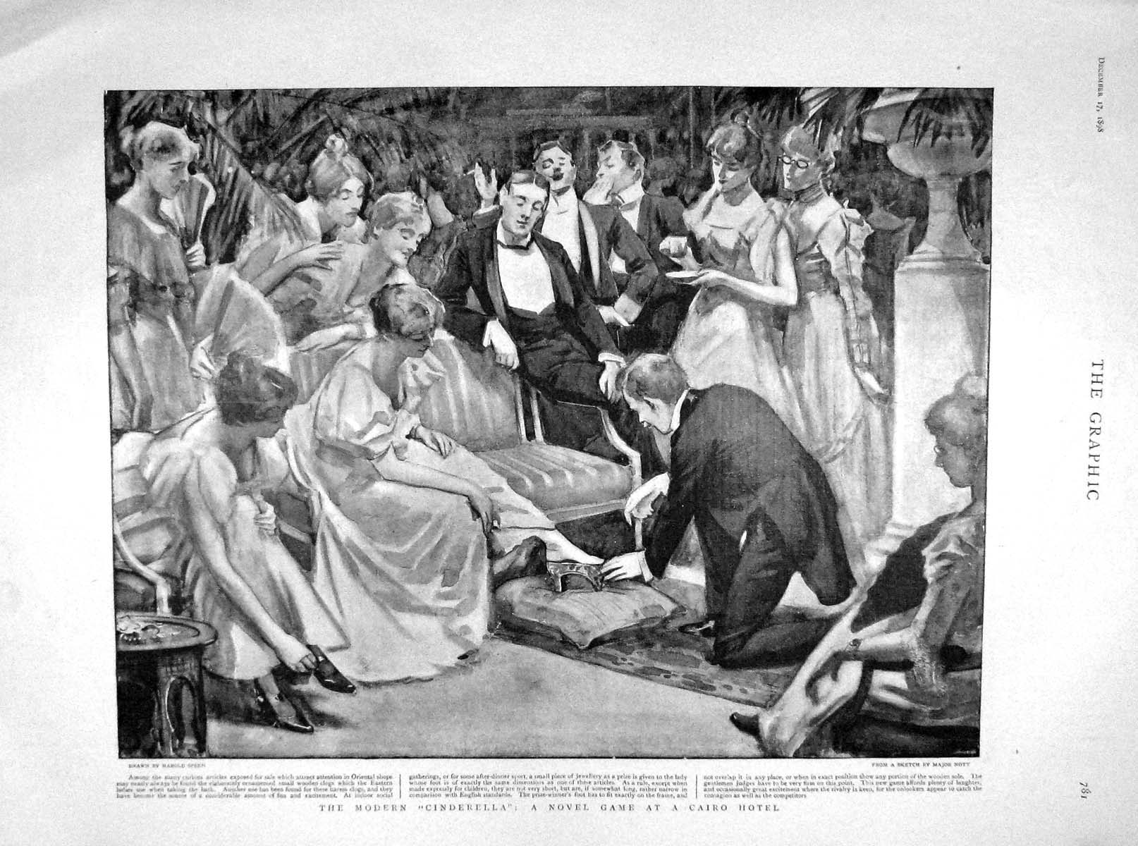 Original Old Antique Print 1898 Cinderella Nove Game Cairo Hotel Egypt 19th