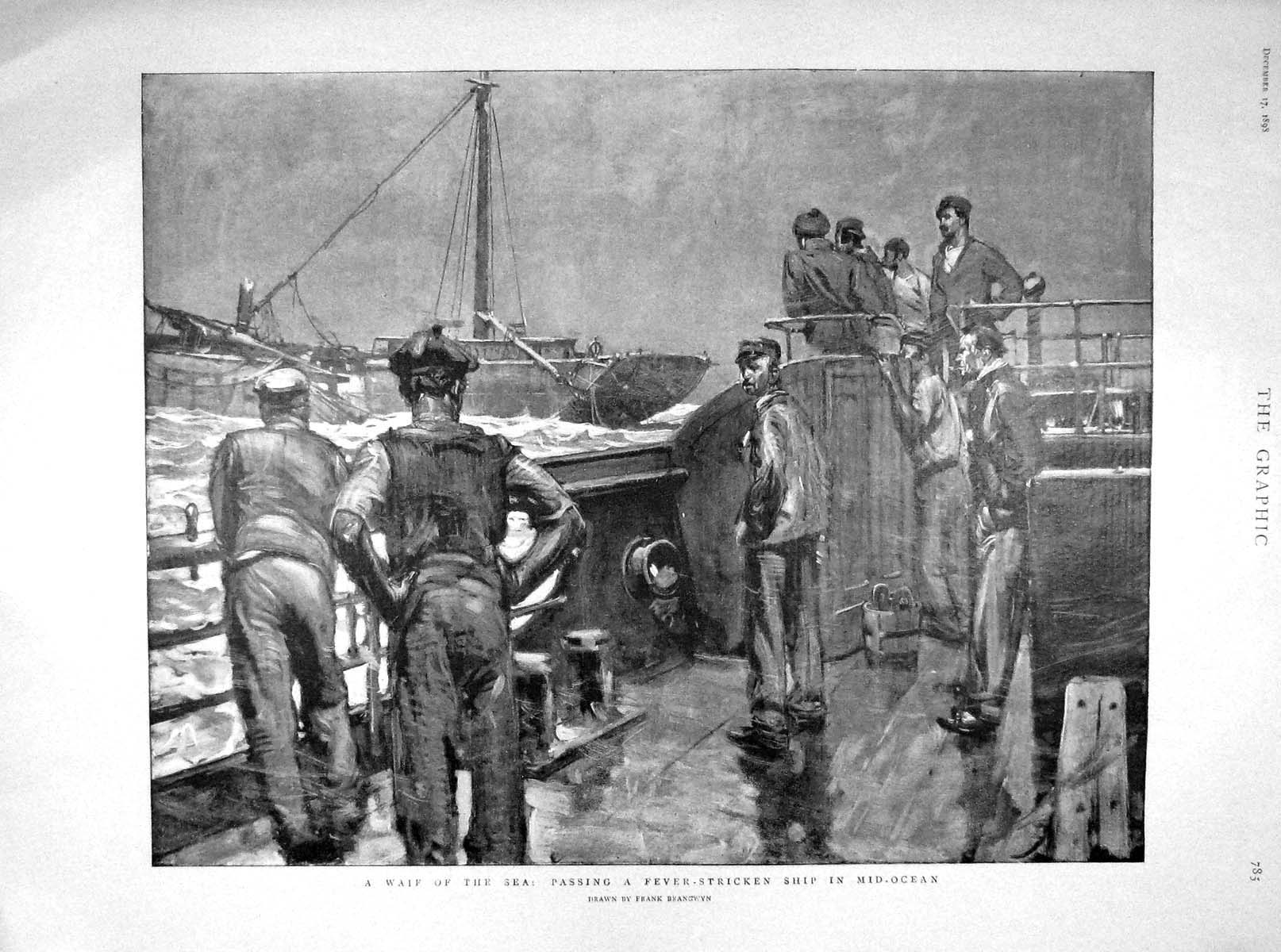 Original Old Antique Print 1898 Ship Passing Fever Stricken Mid-Ocean Victorian