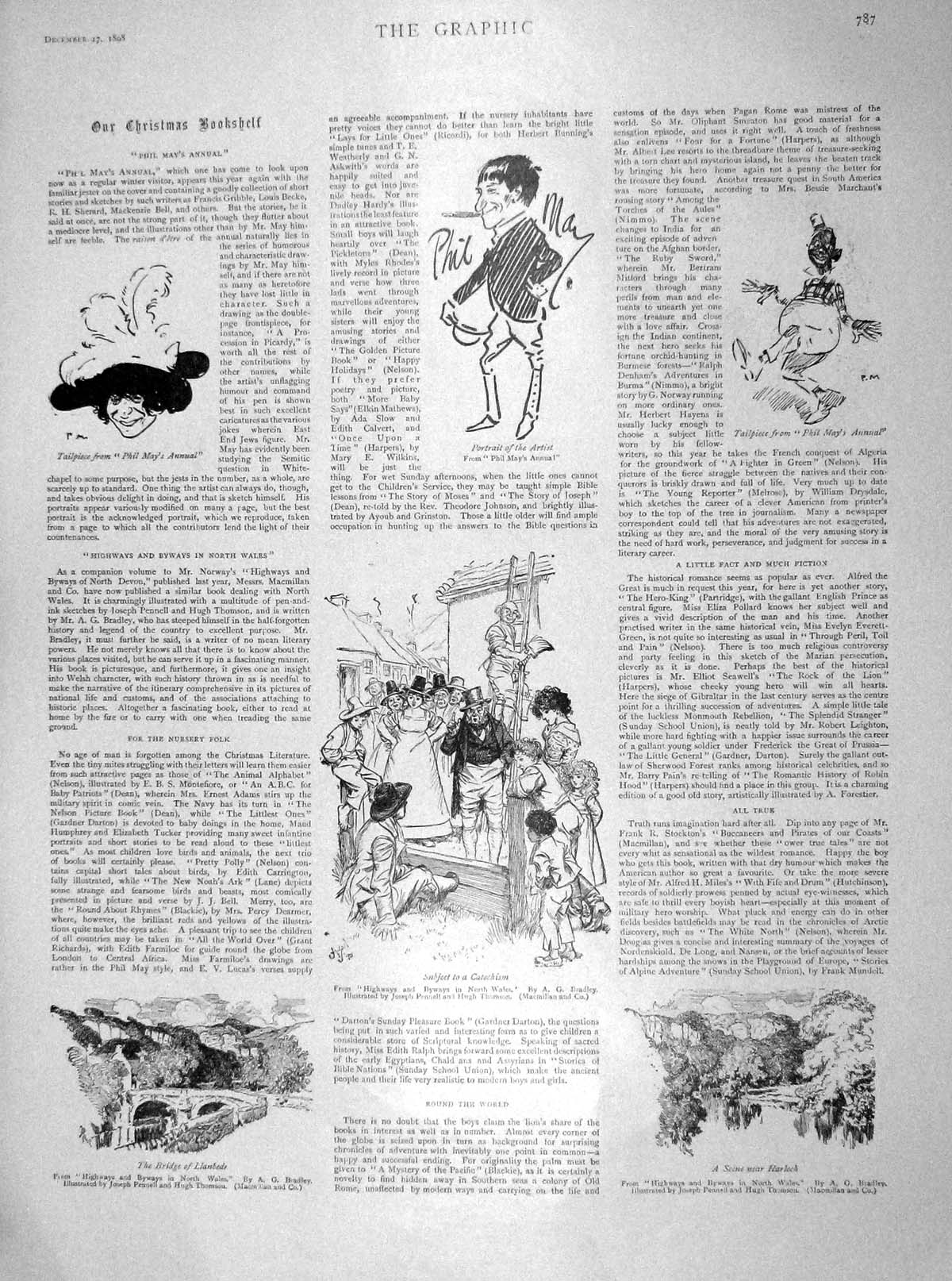 Old Antique Print 1898 Bridge Llanbeds Harlech Phil May Canoeing Shooting 19th