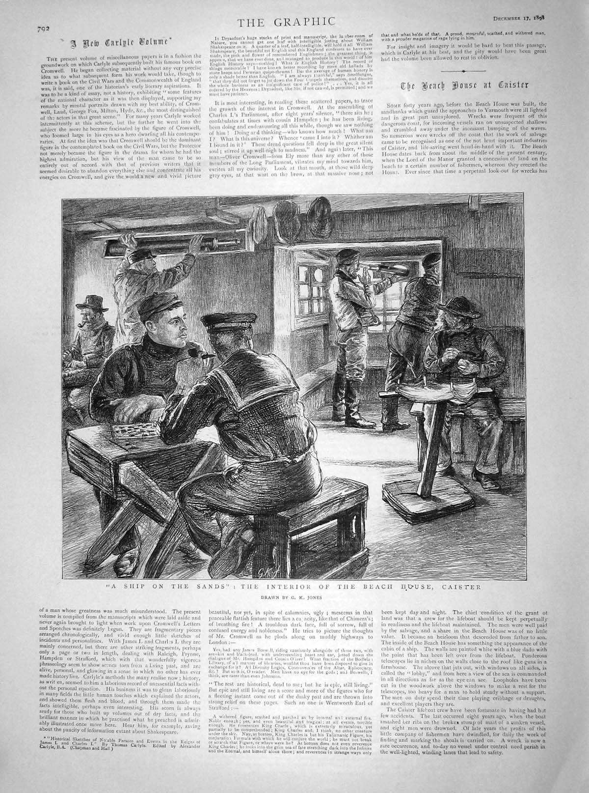 Original Old Antique Print 1898 Ship Sands Interior Beach House Caister Sailors
