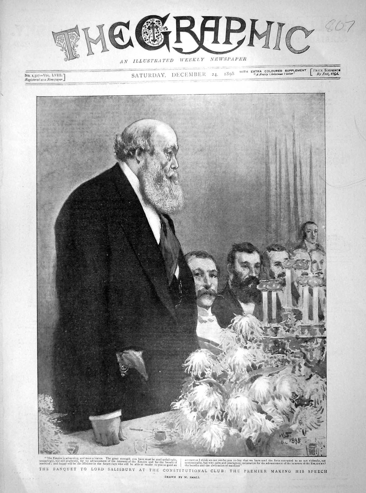 Old Antique Print 1898 Banquet Lord Salisbury Constitutional Club Speech 19th