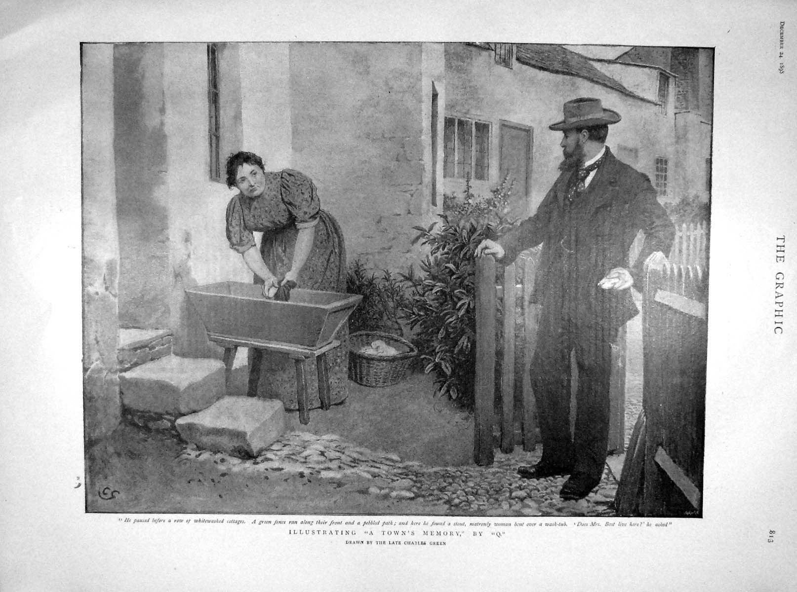 Old Antique Print 1898 Illustrating Town'S Memoray Woman Washing Clothes 19th
