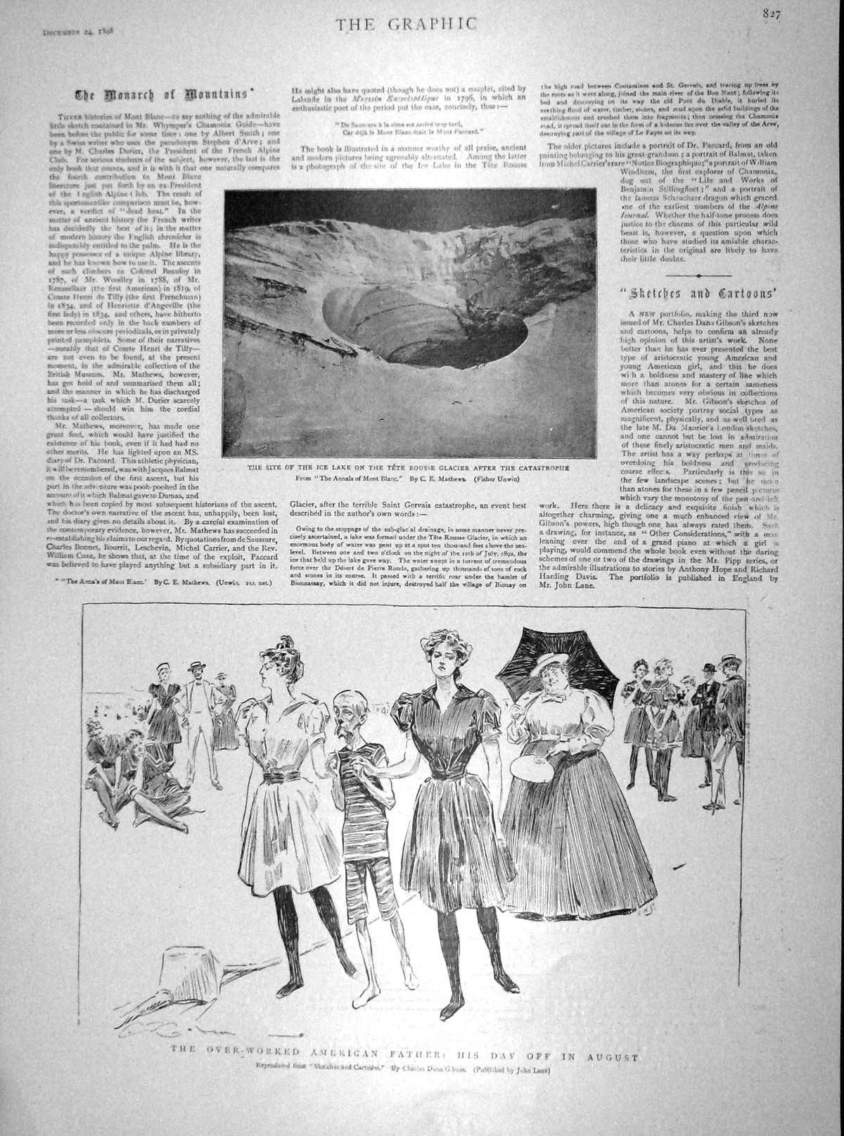Old Antique Print 1898 Overworked America Father Ice Lake Rousse Glacier 19th
