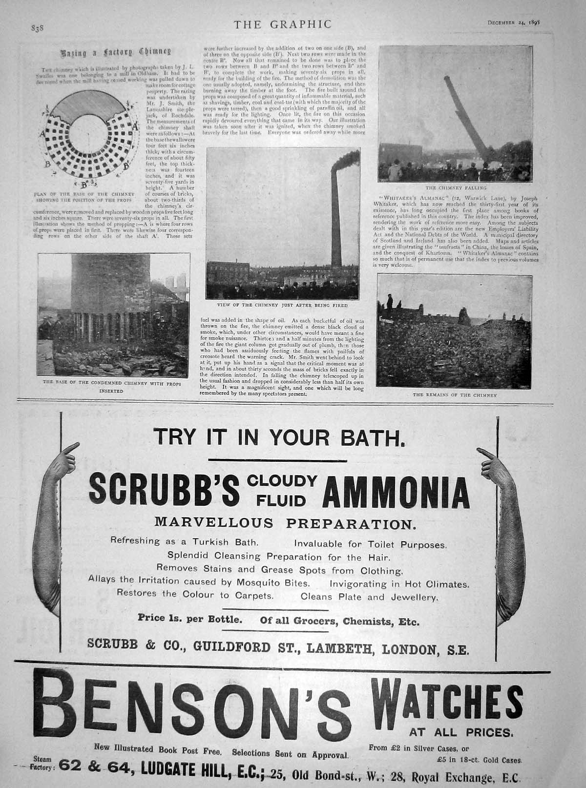 Old Antique Print 1898 Plan Factory Chimney Scrubb Ammonia Benson Watches 19th