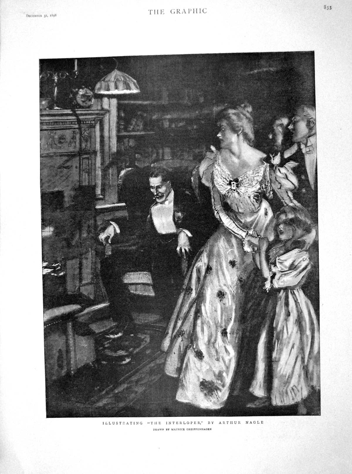 Old Antique Print 1898 Illustrating Interloper Man Fireside Family Home 19th