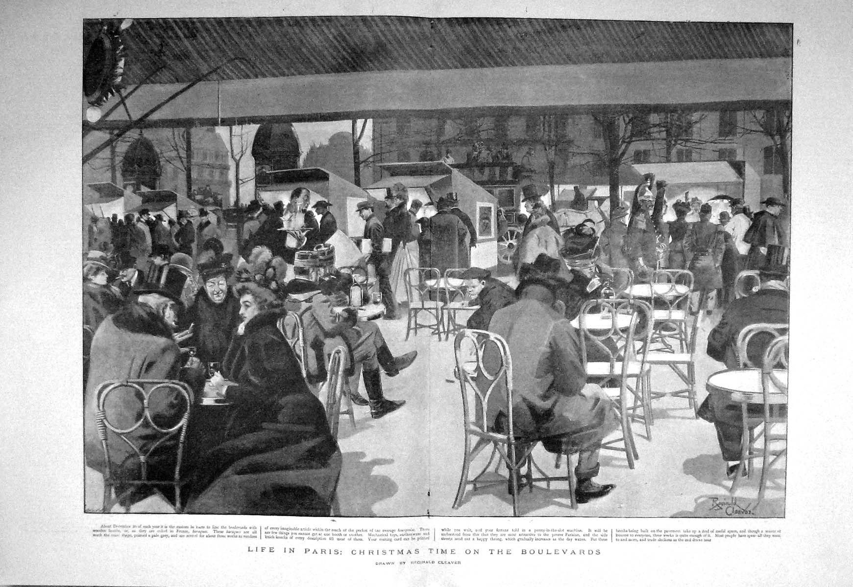 Old Antique Print 1898 Paris France Scene Christmas Boulevards Baraques 19th