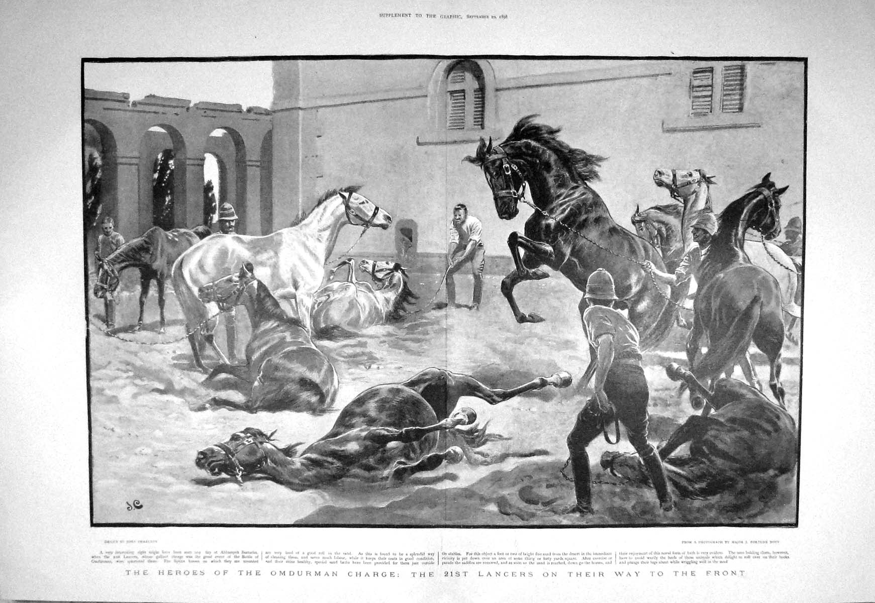 Original Old Antique Print 1898 Lancers Horoes Omdurman Horses Abbassyeh War
