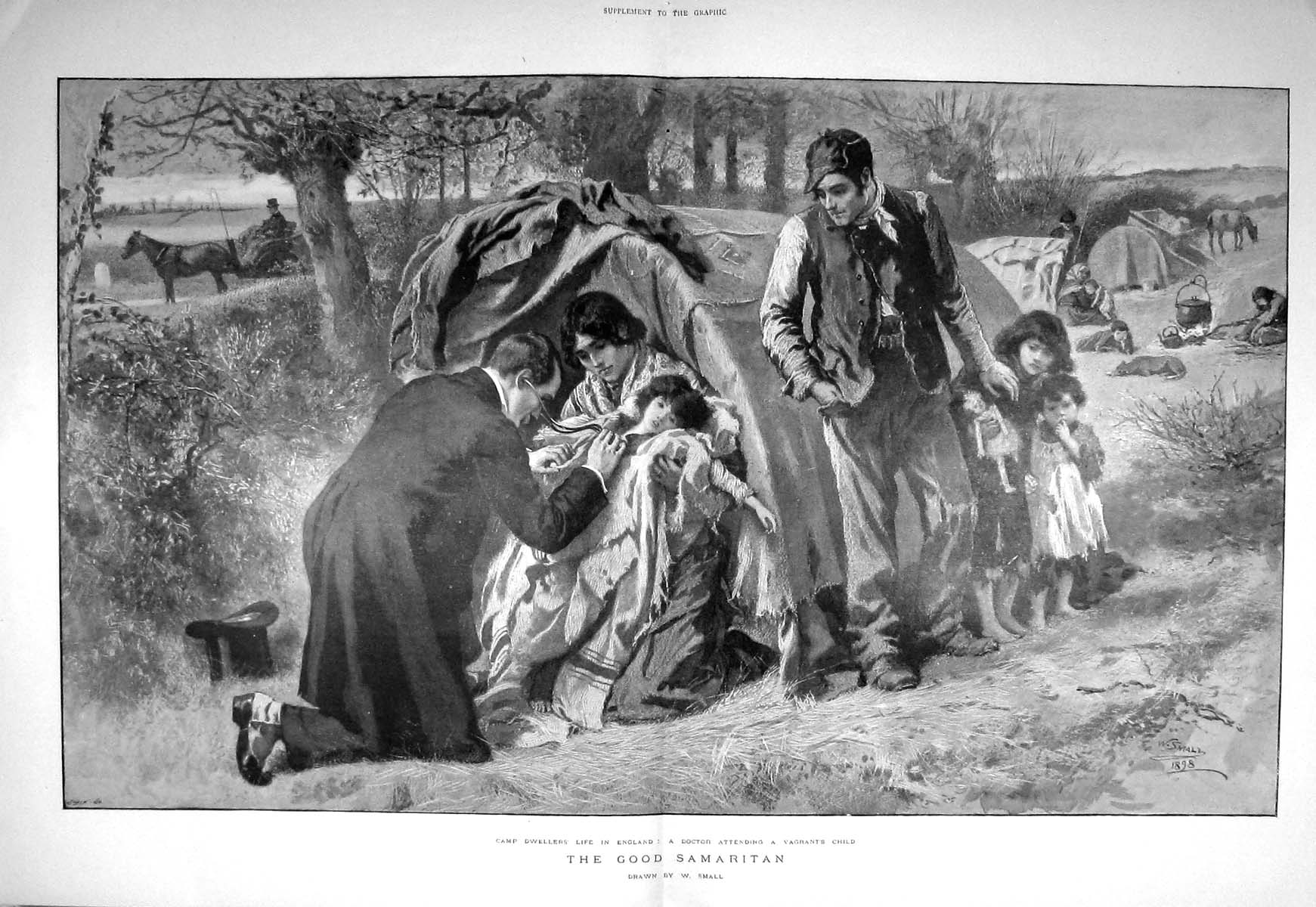 Old Antique Print 1898 Camp Dwellers Life England Doctor Vagrants Child 19th