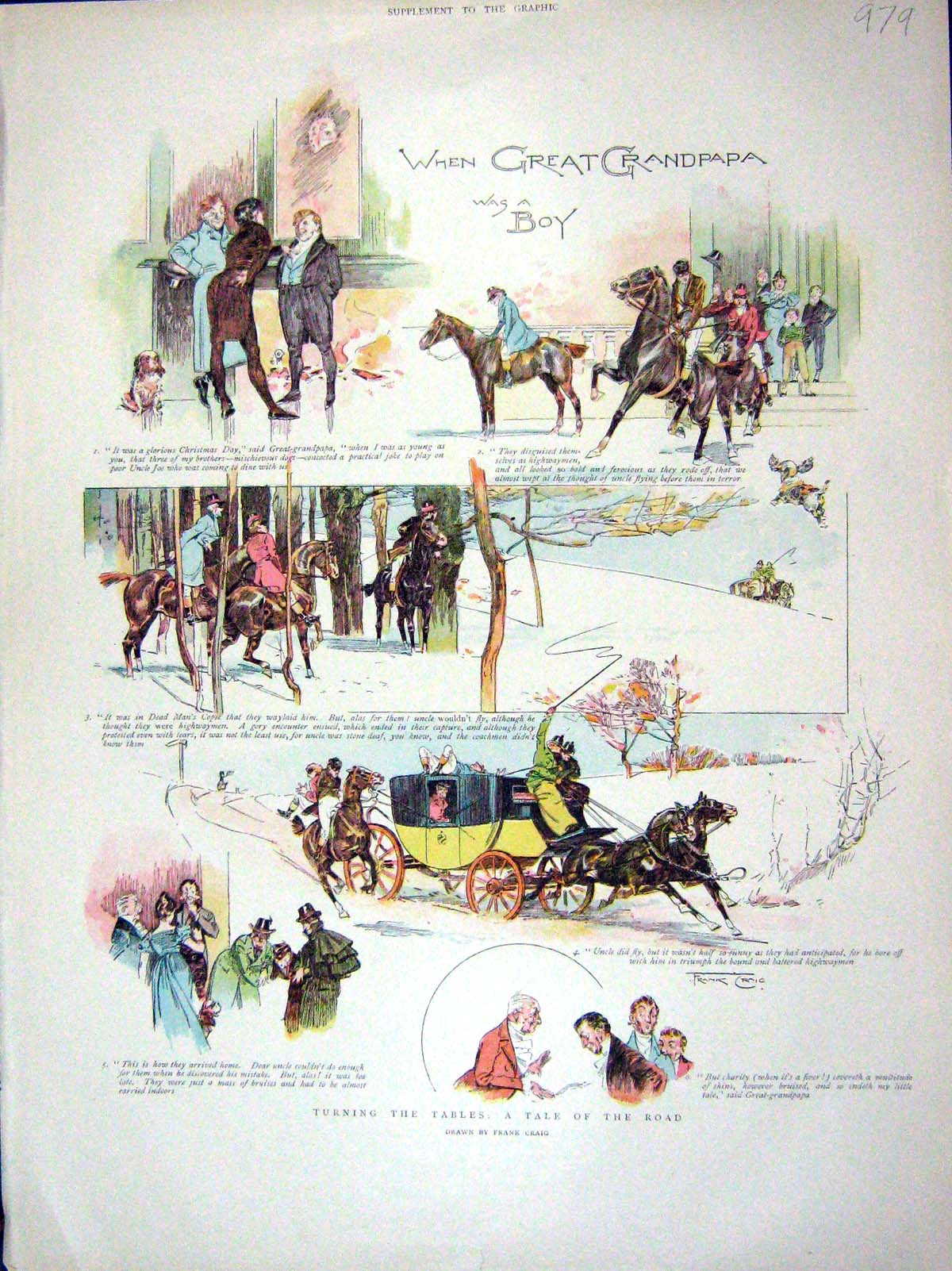 Original Old Antique Print 1898 Colour Story Great Grandpapa Horses Coach 19th