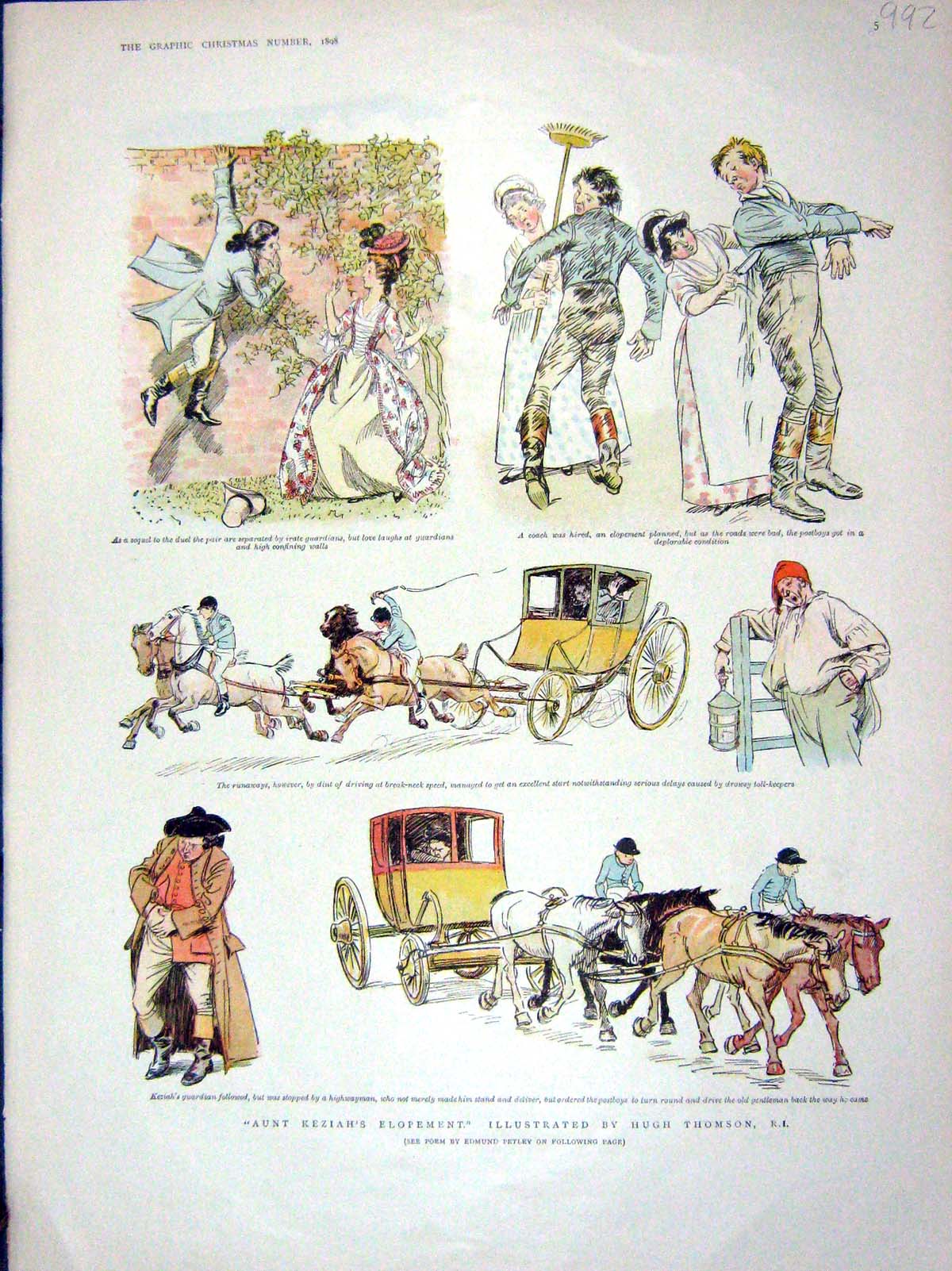 Original Old Antique Print 1898 Colour Story Aunt Keziah Elopement Horses 19th