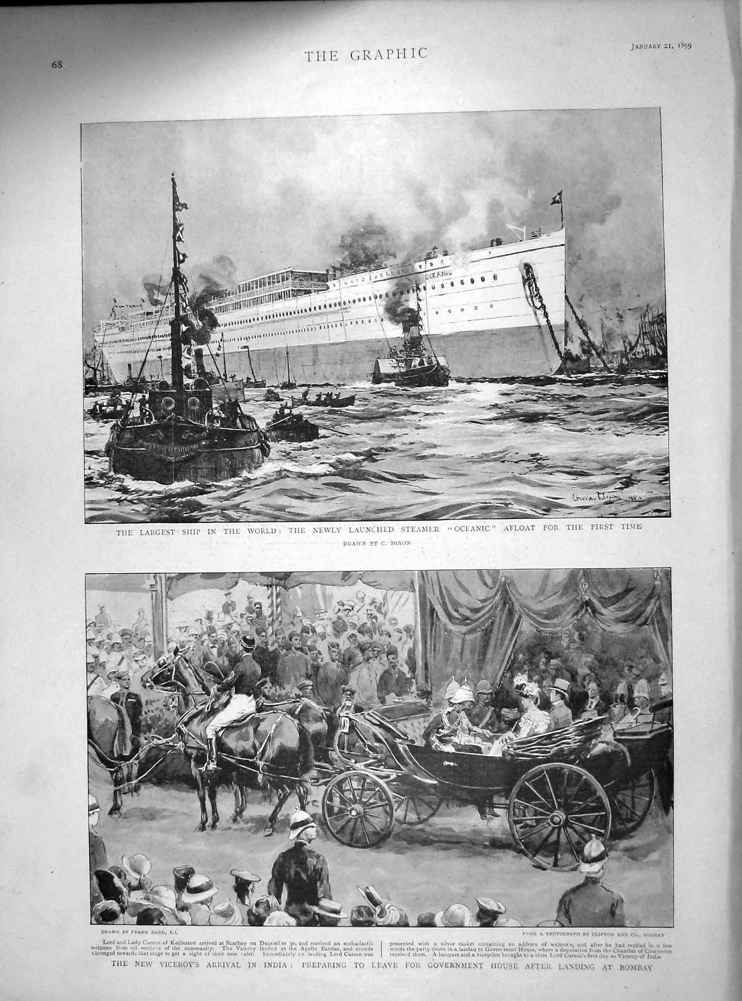 Original Old Antique Print 1899 Ship Oceanic Steamer Viceroy India Lord Curzon