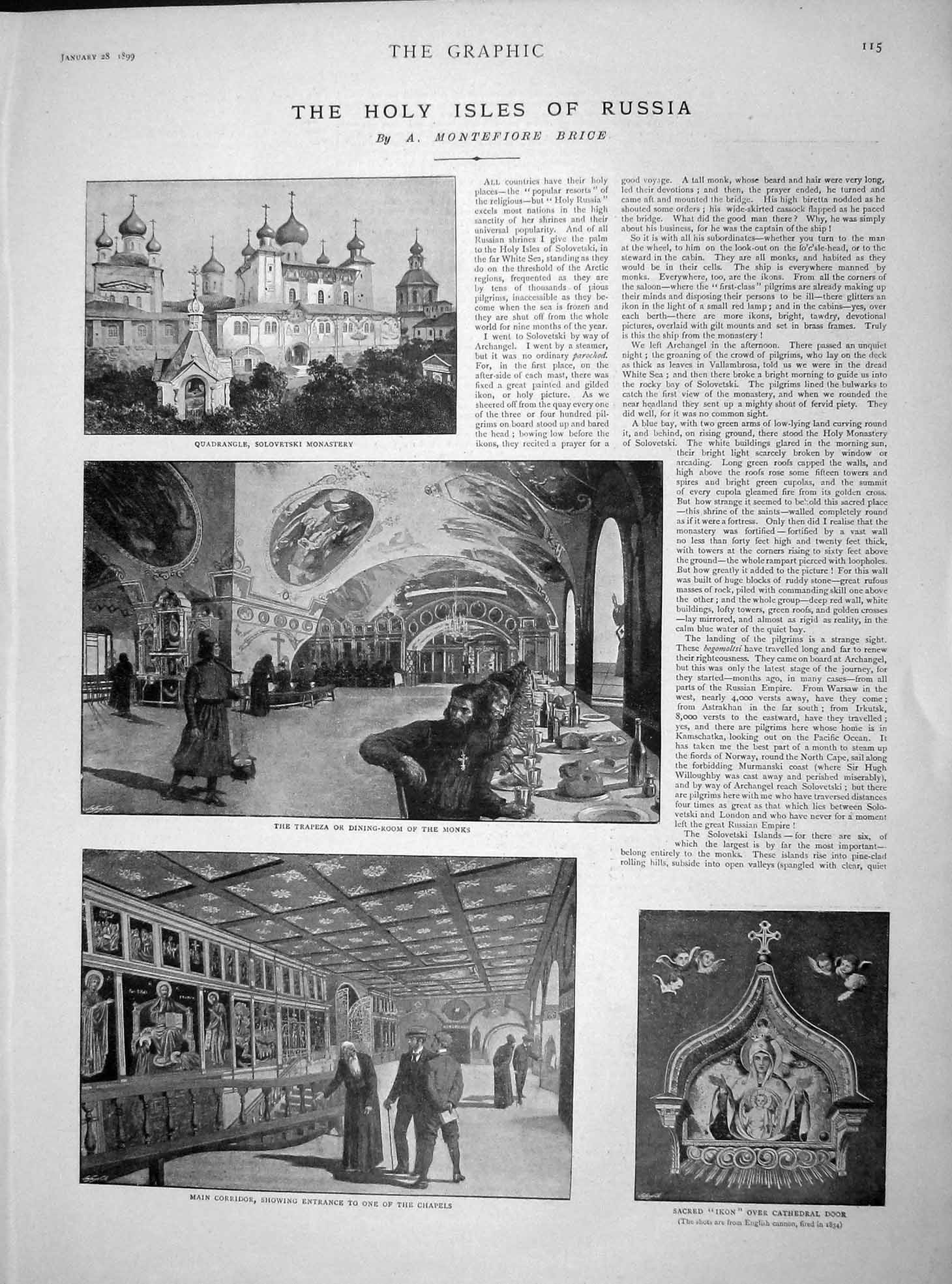 Original Old Antique Print 1899 Holy Isles Russia Monastery Ikon Trapeza Monks