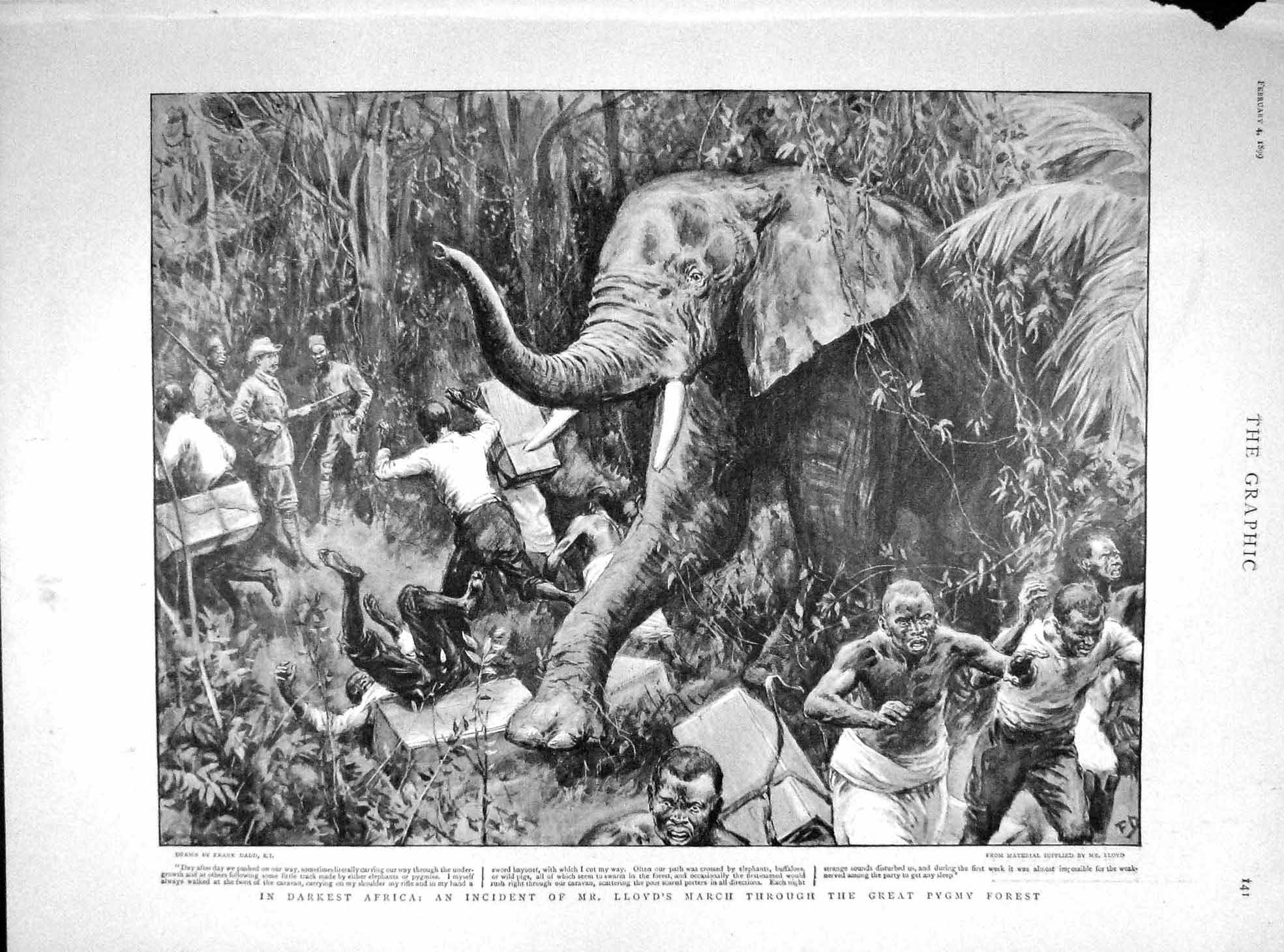 Original Old Antique Print 1899 Africa Lloyd Marching Pygmy Forest Elephant