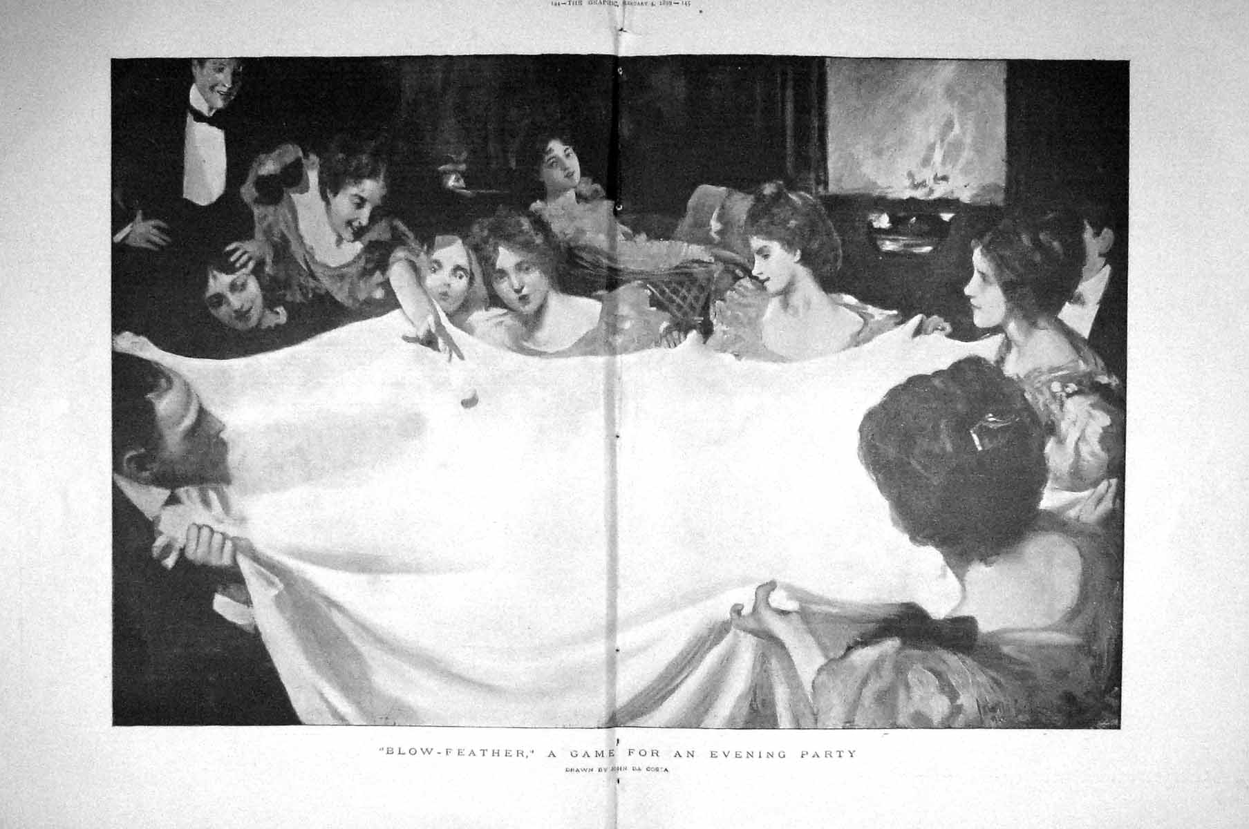 Original Old Antique Print 1899 Blow-Feather Evening Party Game John Da Costa