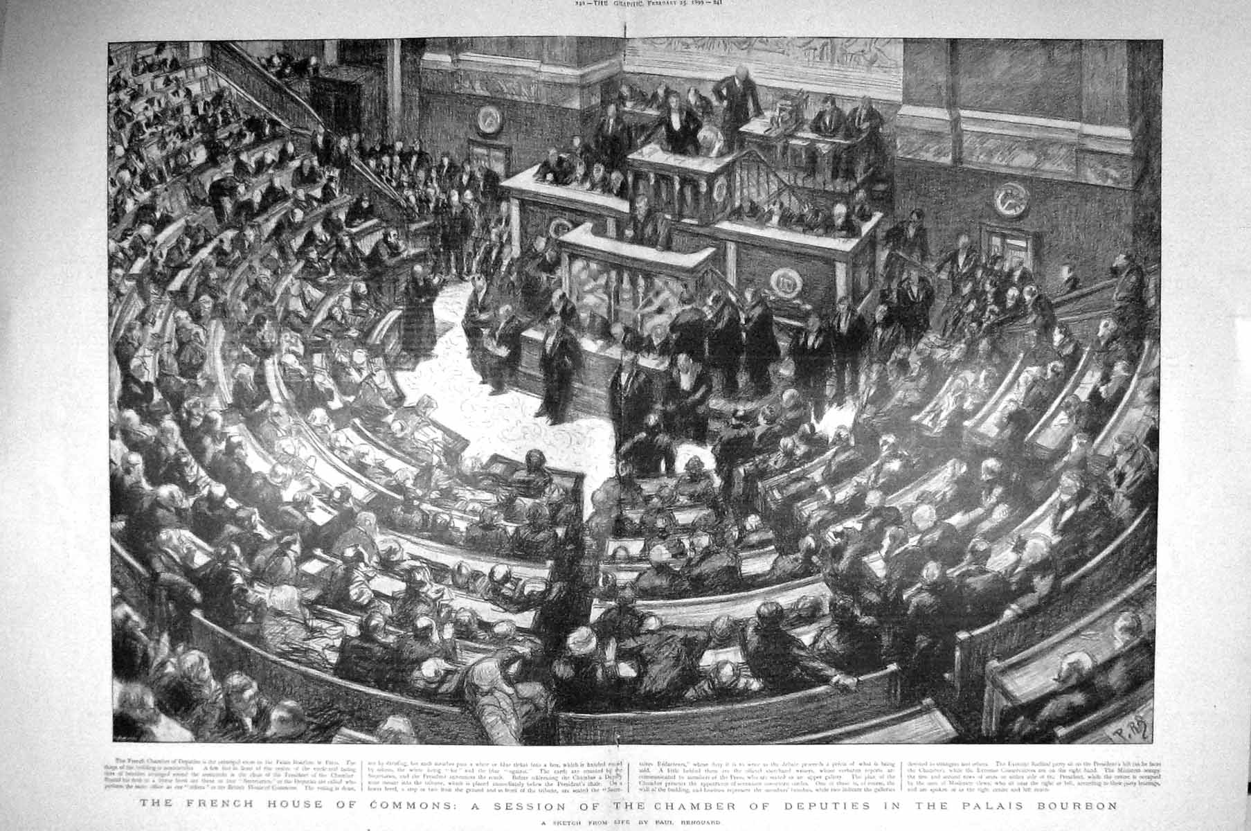 Original Old Antique Print 1899 French House Commons Palais Bourbon Chamber