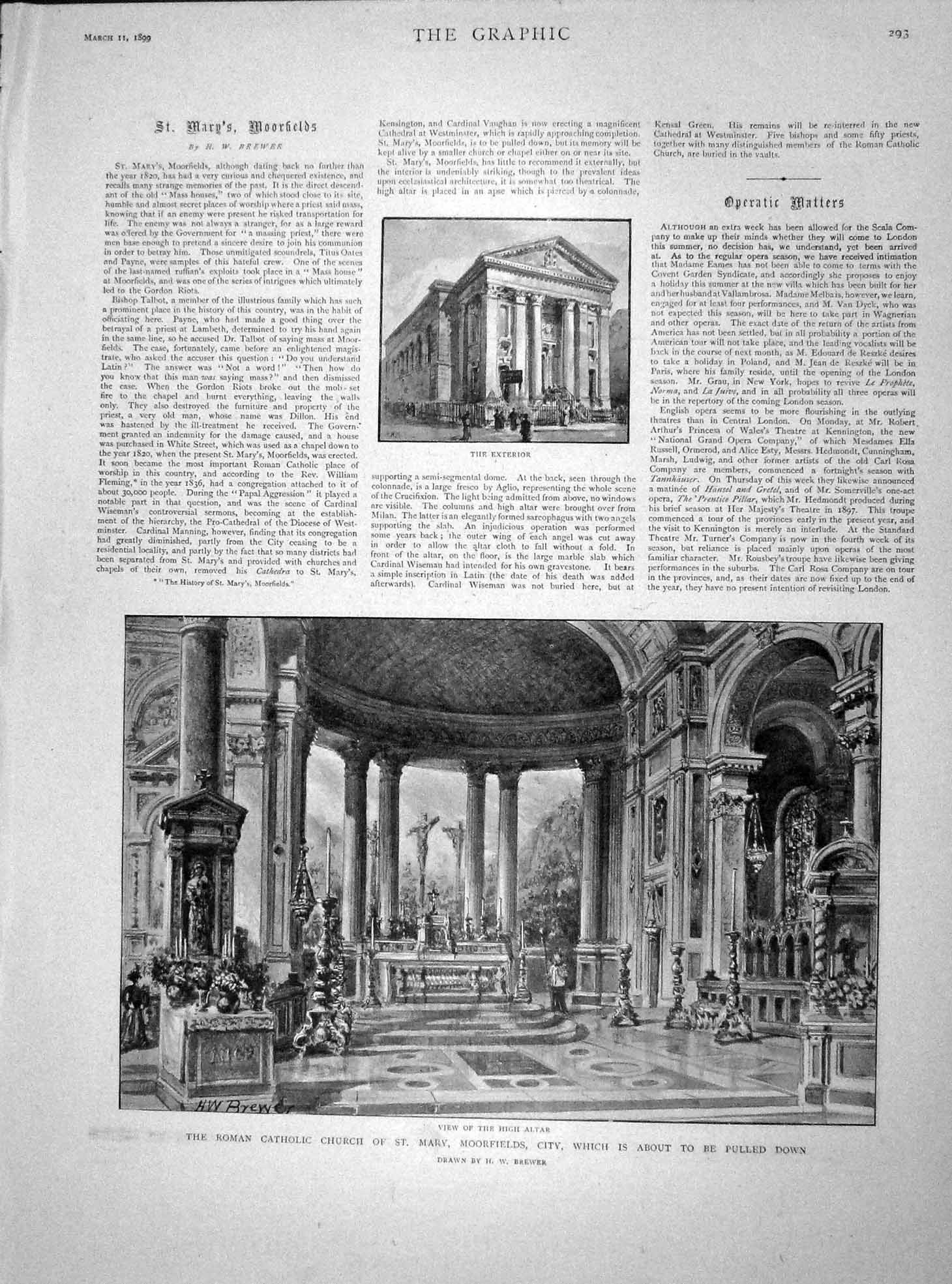 Original Old Antique Print 1899 Catholic Church Moorfields University Boat Race