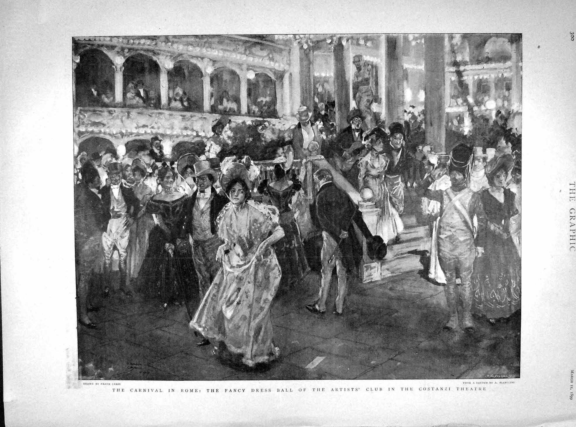 Original Old Antique Print 1899 Carnival Rome Costanzi Theatre Skerryvore Light