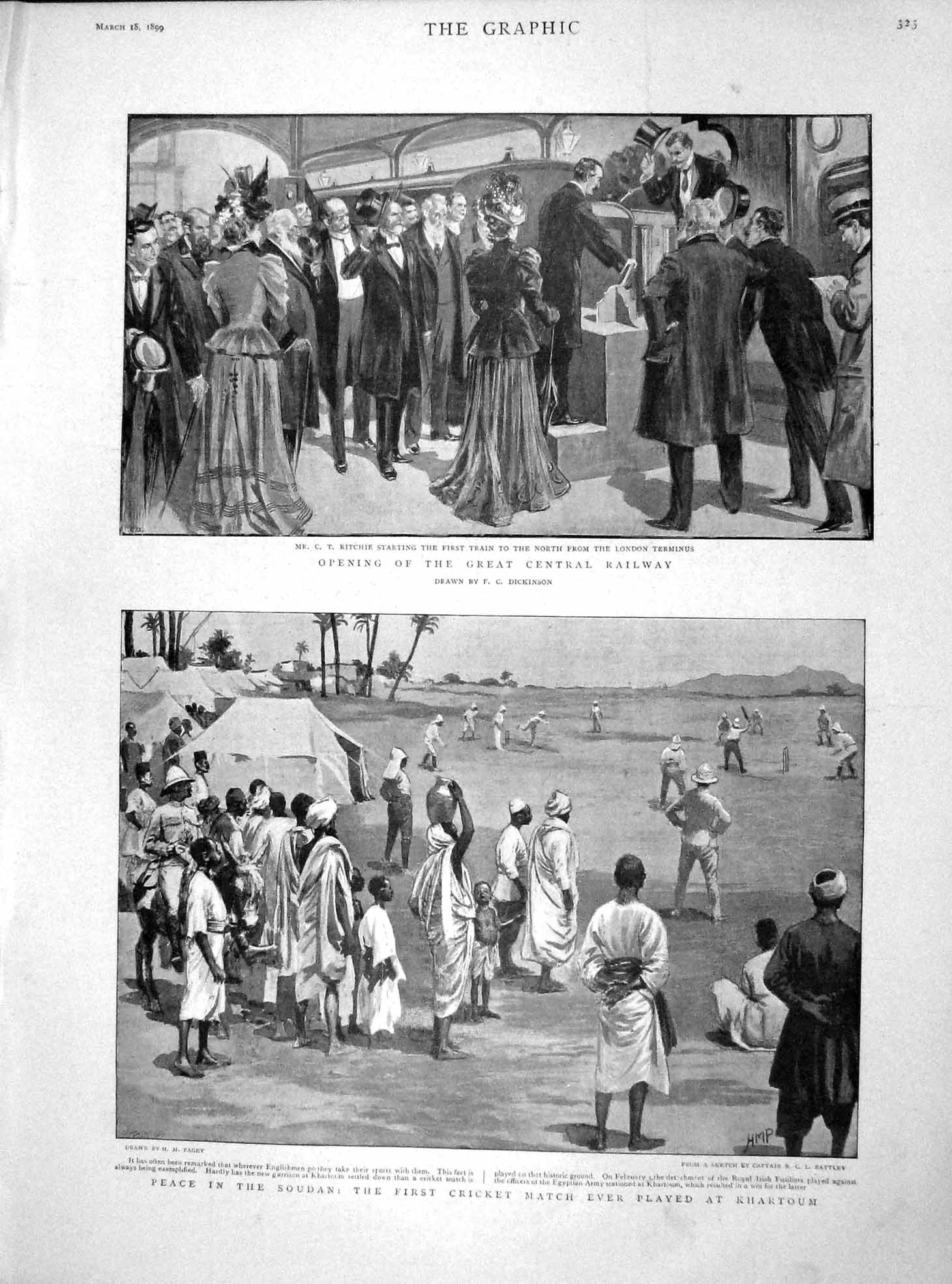 Original Old Antique Print 1899 Ritchie Railway London Cricket Soudan Khartoum