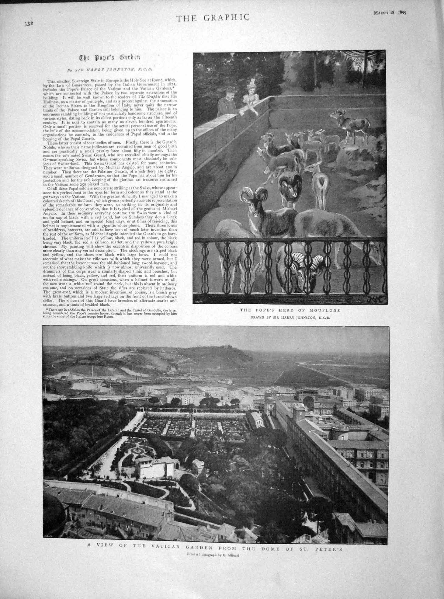 Original Old Antique Print 1899 Vatican Garden Italy Rome Pope Herd Mouflons
