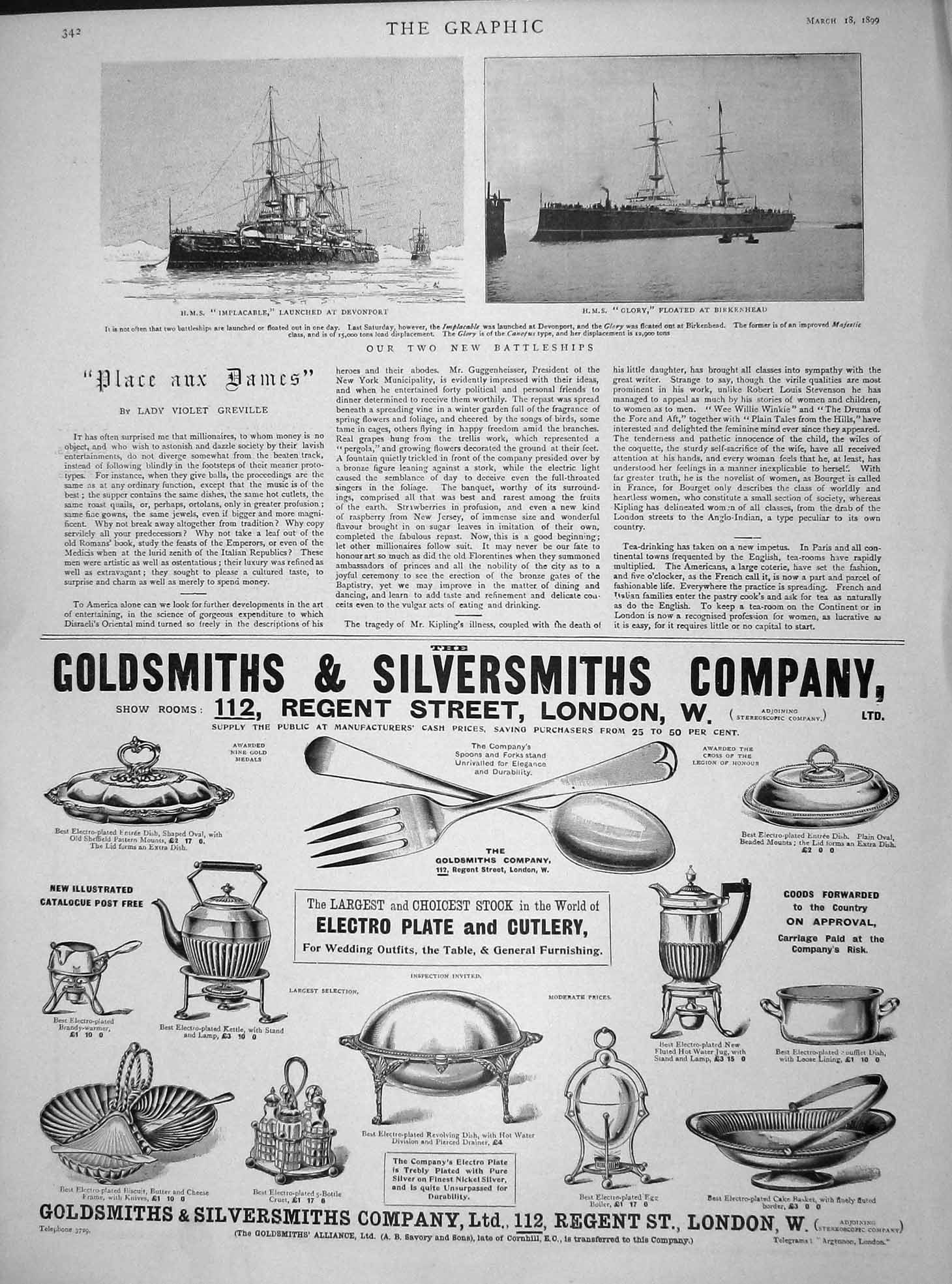 Original Old Antique Print 1899 Ship H.M.S. Implacable Devonport Glory Bir 19th