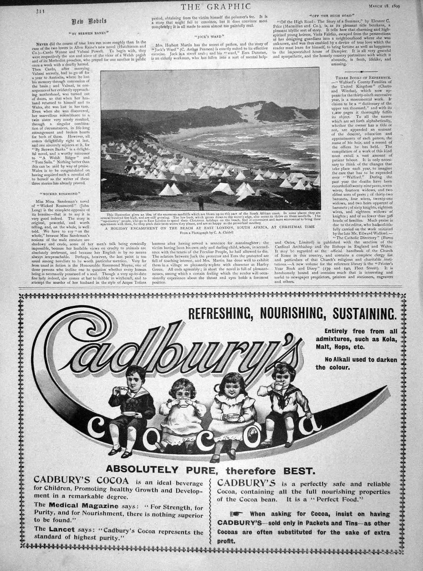 Original Old Antique Print 1899 Holiday Camp Beach London Africa Cadburys Cocoa