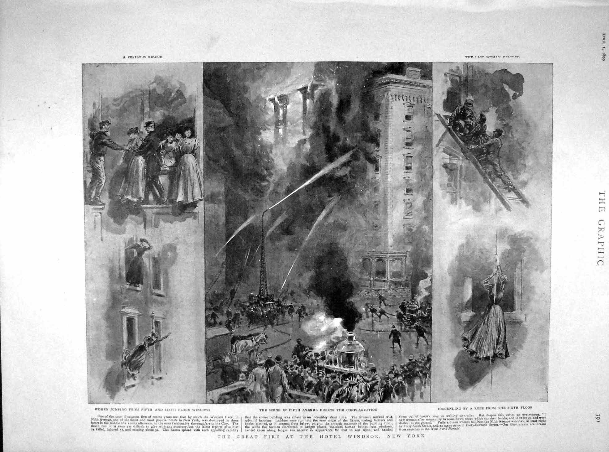 Original Old Antique Print 1899 Fire Hotel Windsor New York Ayrton Venice Canal